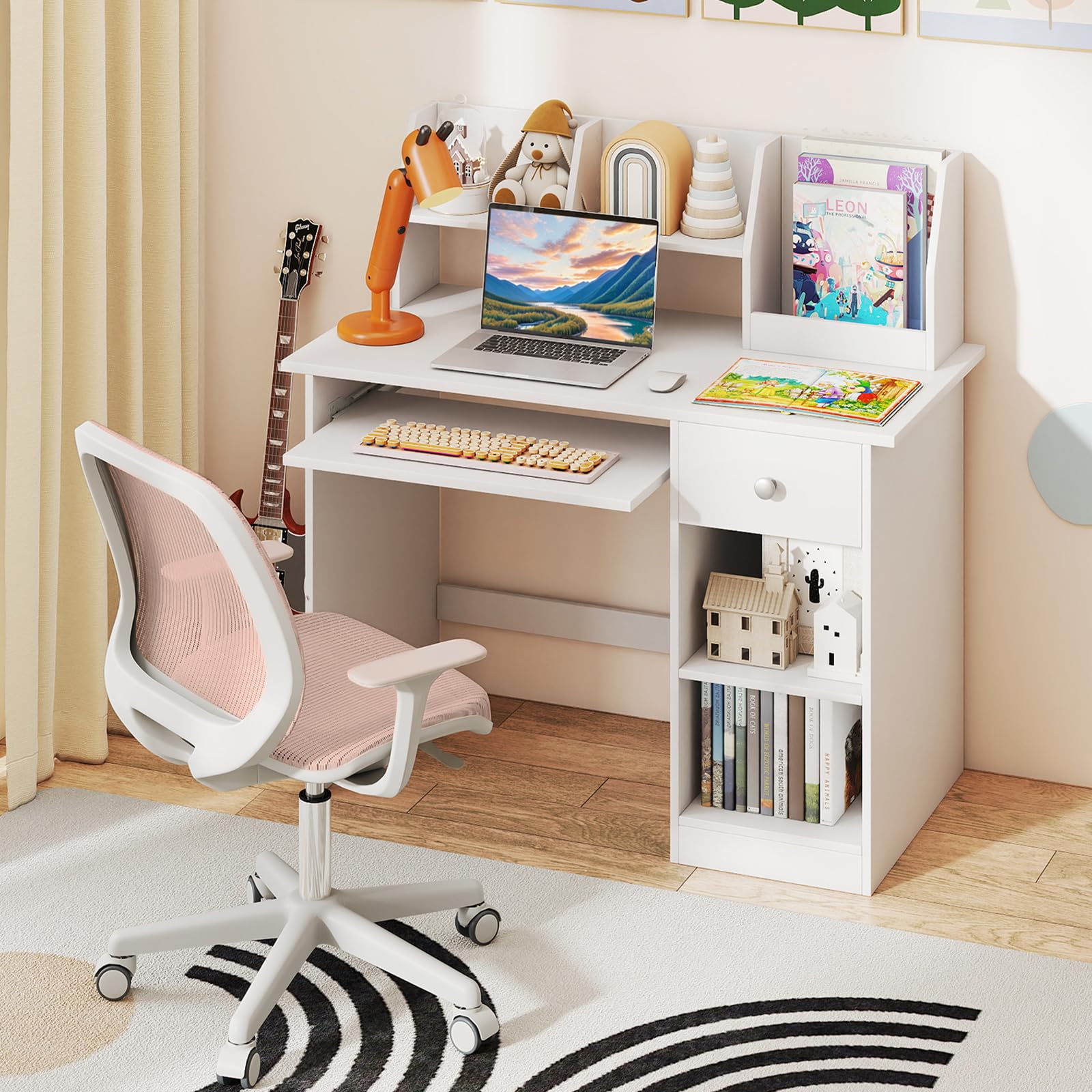 GOPLUS Bureau Enfant 3 en 1 avec Rangement, Tiroir et Étagères, Table Enfant en Bois 90x45x90CM Blanc