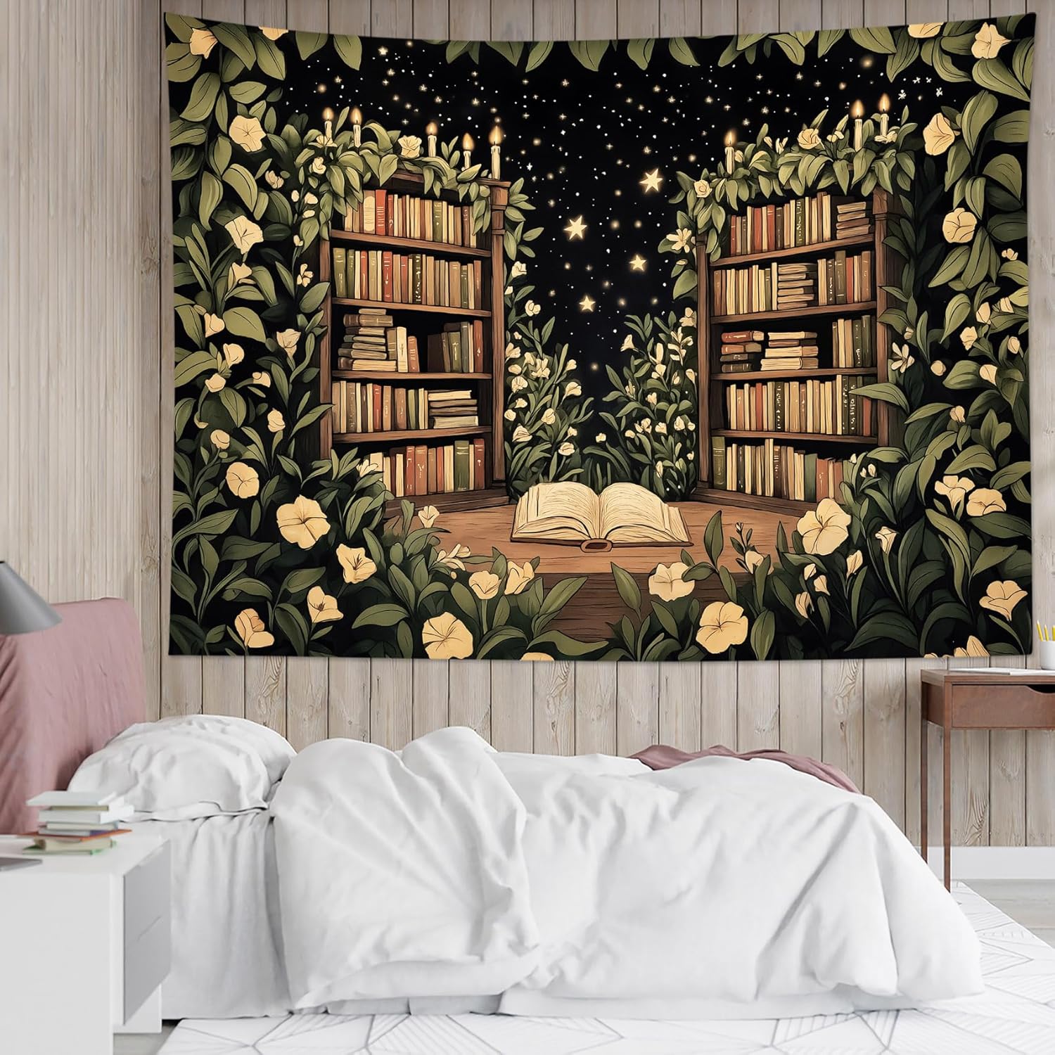 WEENEO Bookshelf Tapestry for Classroom Fantasy Libray with Vintage Book Tapestry Wall Hanging Green Plant and Yellow Floral Nature Wall Decor for Bedroom Living Room College Dorm School,92x70 Inch