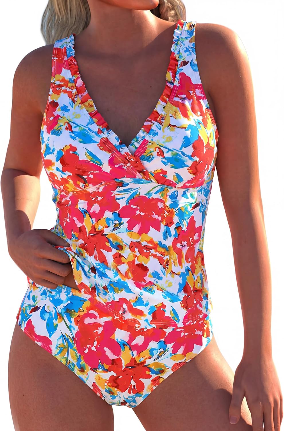 ZAFUL Tankini Swimsuit for Women 2026 Modest Bathing Suits Two Piece Ruffle V Neck Ladies Swimwear