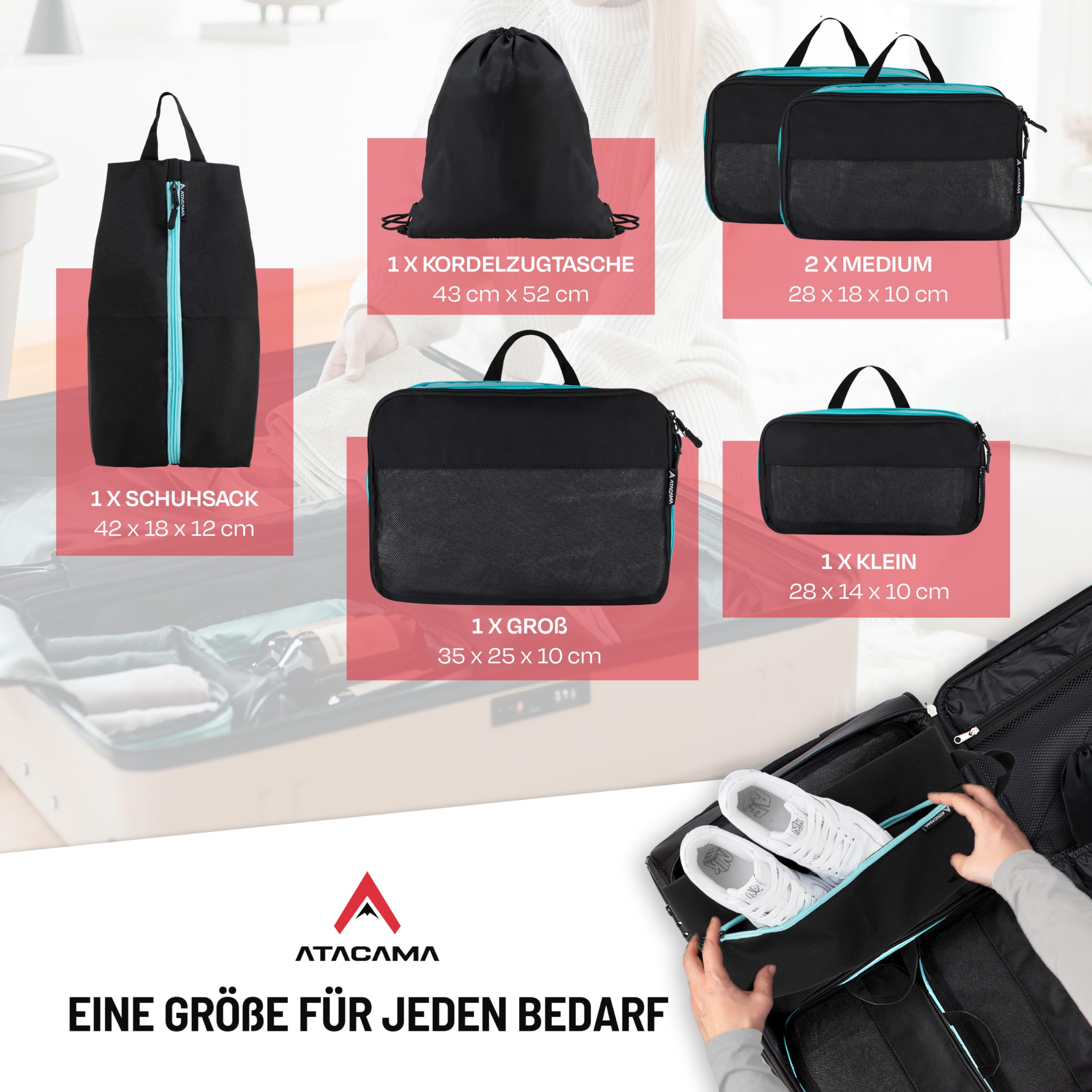 Atacama Juego de 6 cubos de compresión premium: cremallera y bolsillos duales, bolsas de compresión para mochila y maleta, color negro