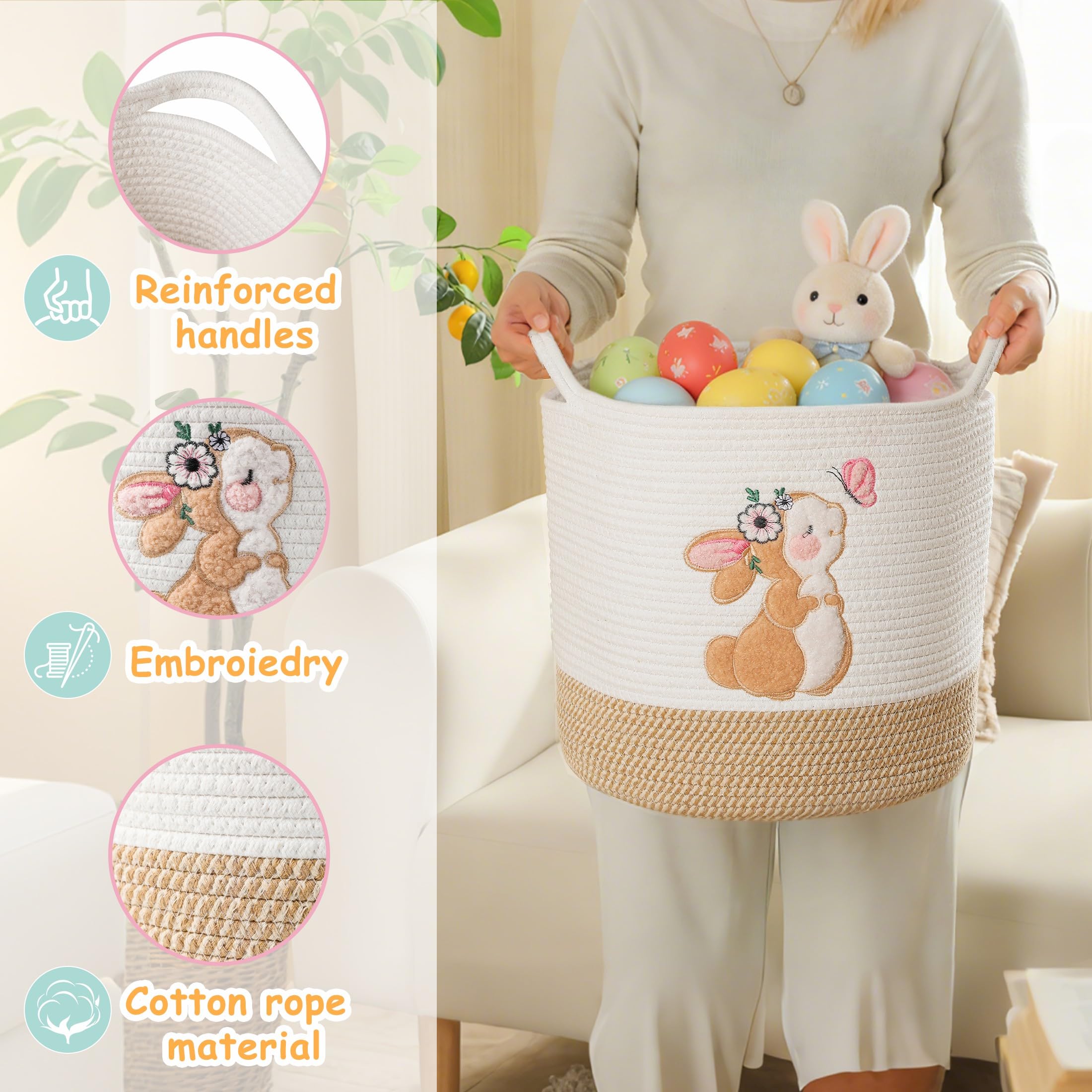 Cesto in corda di cotone per bambini, cesto regalo, vuoto, per baby shower, con manici, graziosi, coperte, animali ripieni, per asilo (coniglietto, grande)