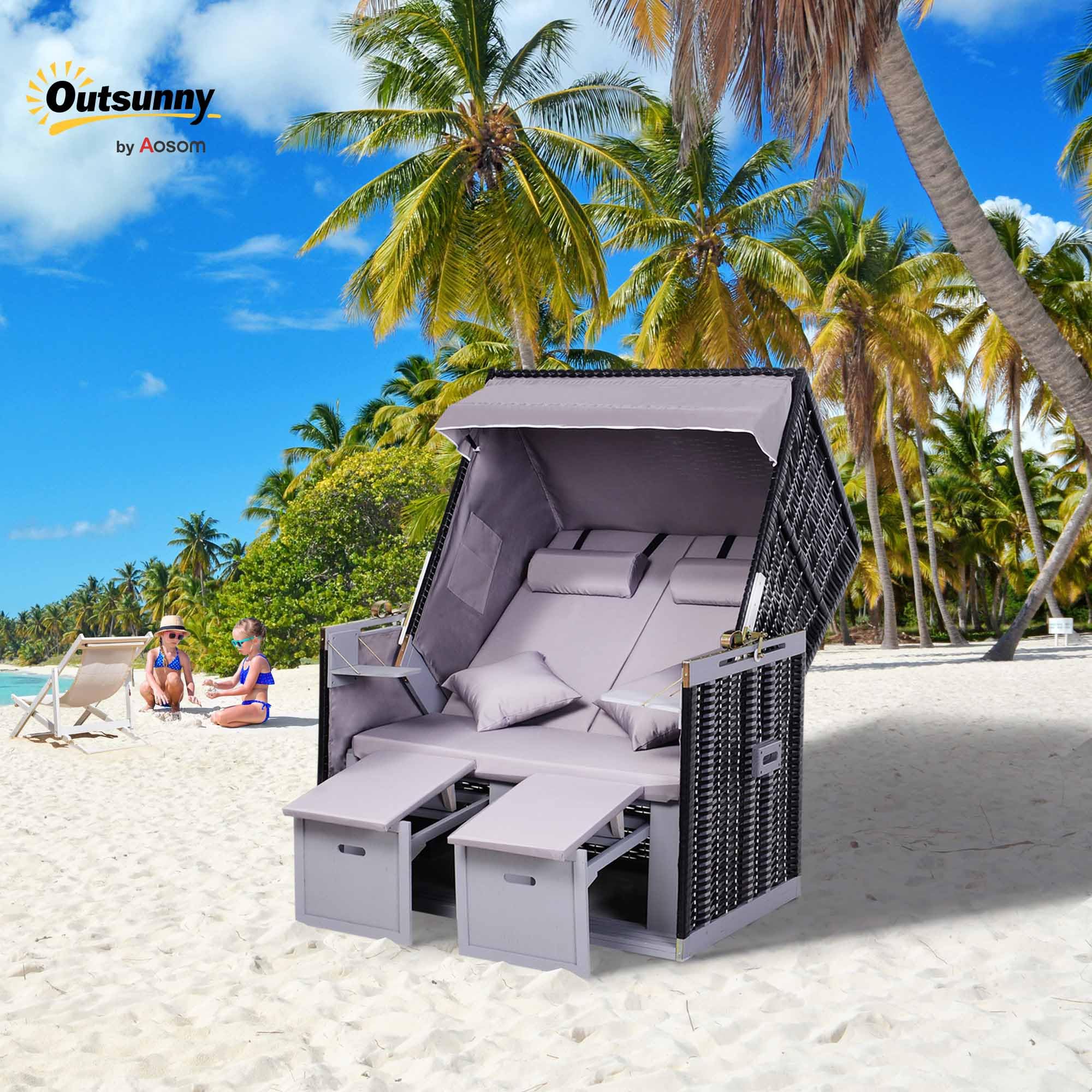Outsunny Sedia da spiaggia completa Lettino da sole doppio con tetto Lettino da giardino Portabicchieri Chaise Lounge PE Rattan Grigio 118 x 79 x 50 cm