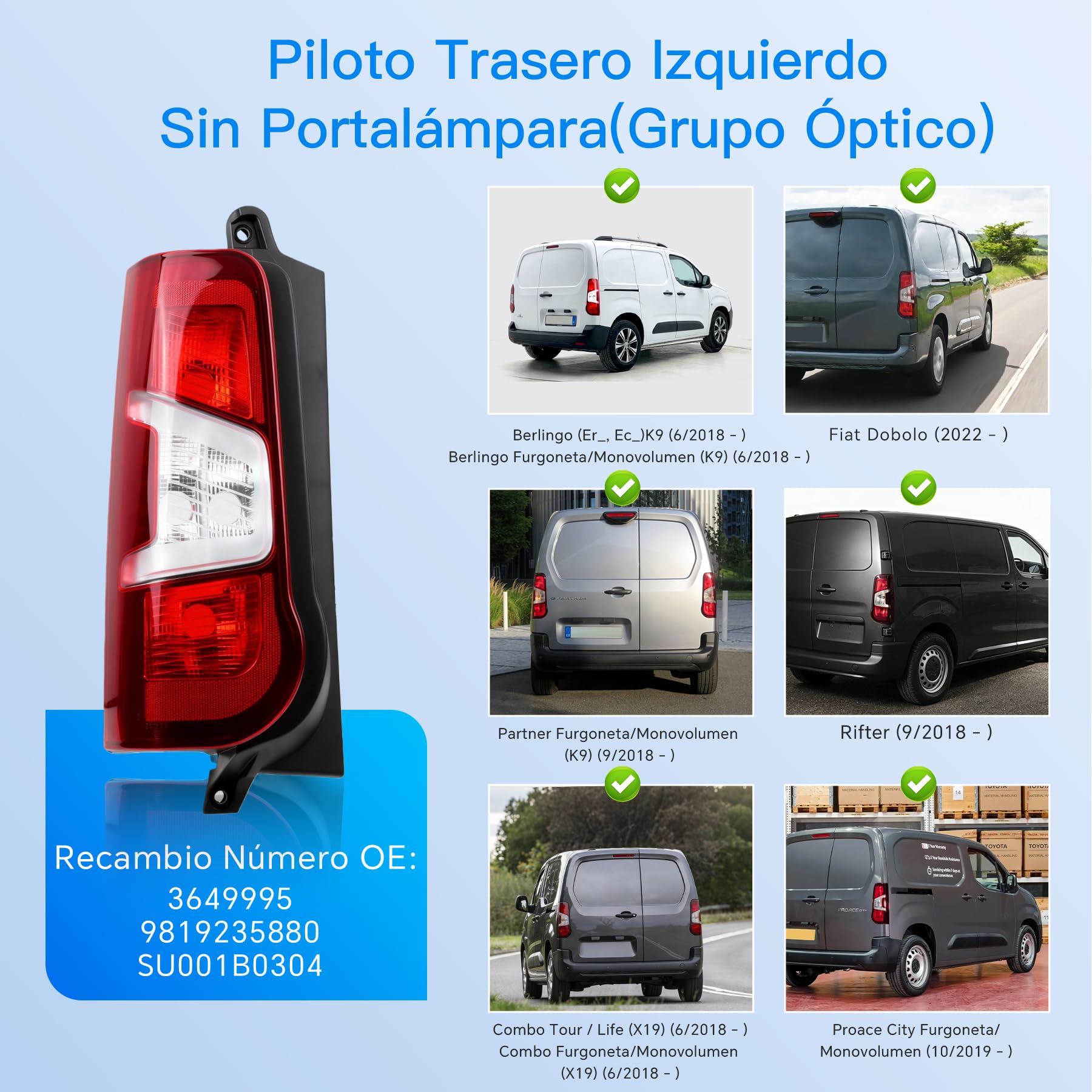 Feu Arrière Gauche pour Berlingo/Partner K9, Combo X19, Rifter de 2018, Proace City de 2019 (2 Portes Arrière), Sans Support de Lampe, E-Mark