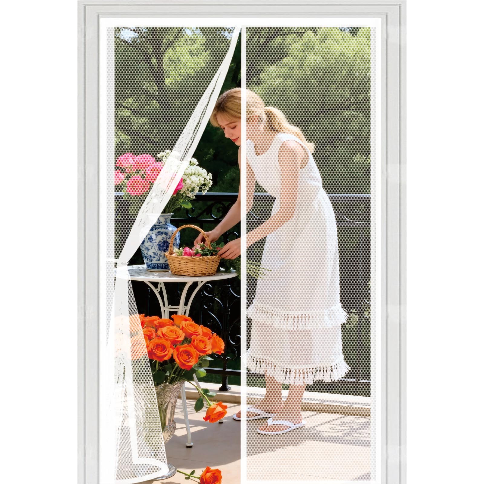 Fly Screens for Doors 94 x 199 cm with Powerful Magnets Automatically Closes and Magic Tape, Install Without, Keep Bugs Out, Magnetic Screenfly Doors for Balcony Door, White