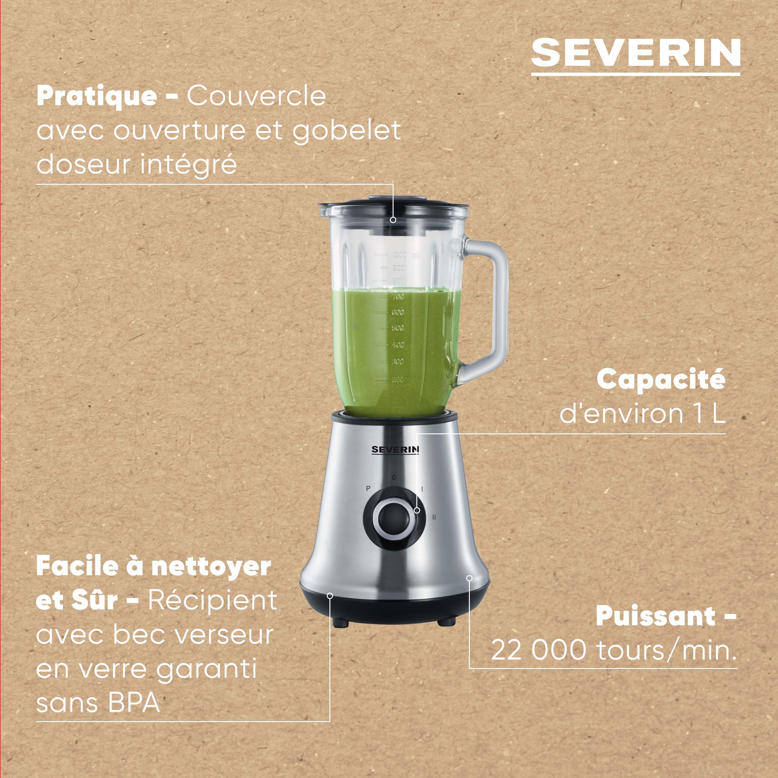 SEVERIN Blender avec Récipient en Verre, 1 L, env. 500 W, SM 3734, Inox/Noir