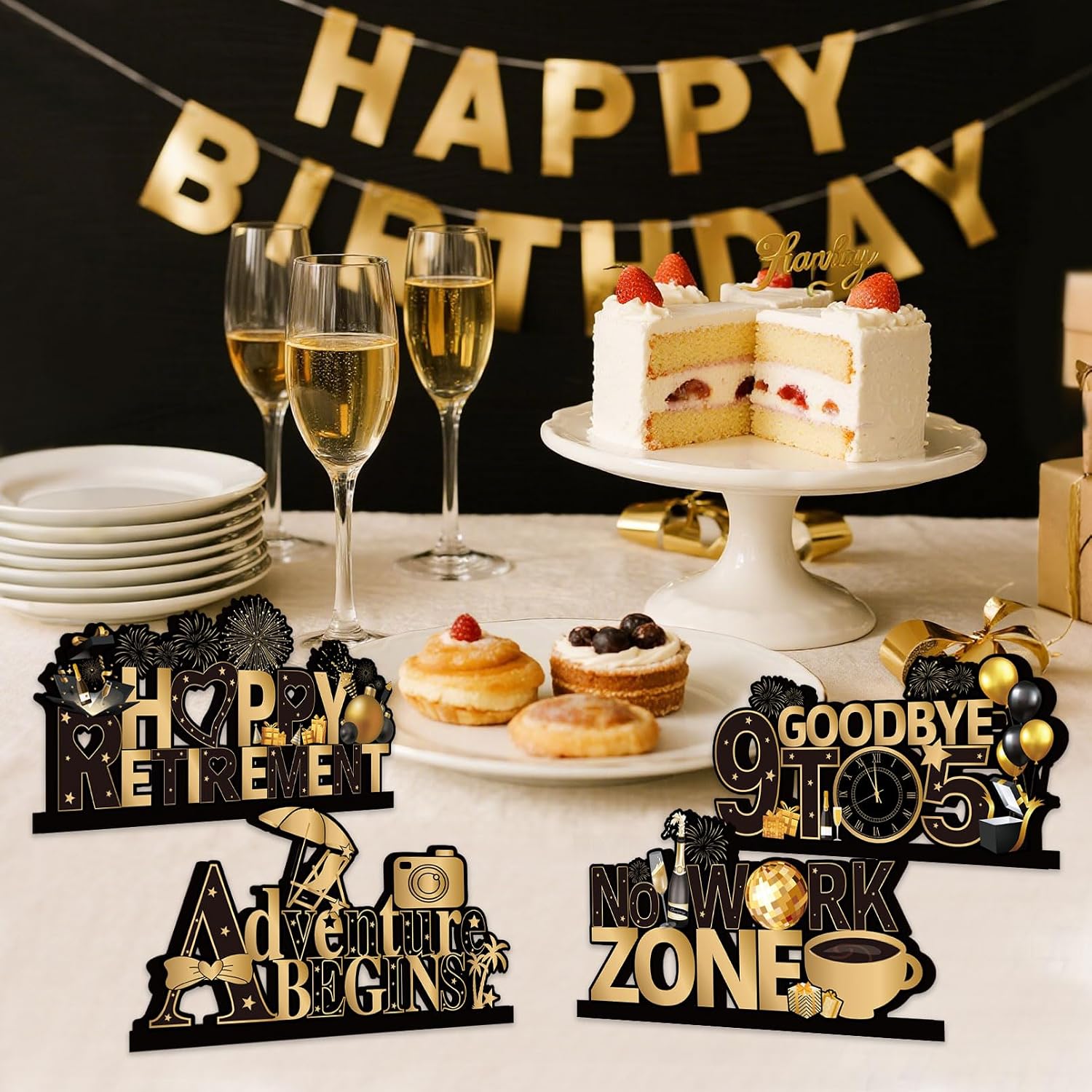 4Pcs Retirement Party Table Decorations Wooden Centerpieces with Tiered Tray Decor, Black and Gold Themed Retirement Theme for Office Farewell, Happy Retirement Gifts