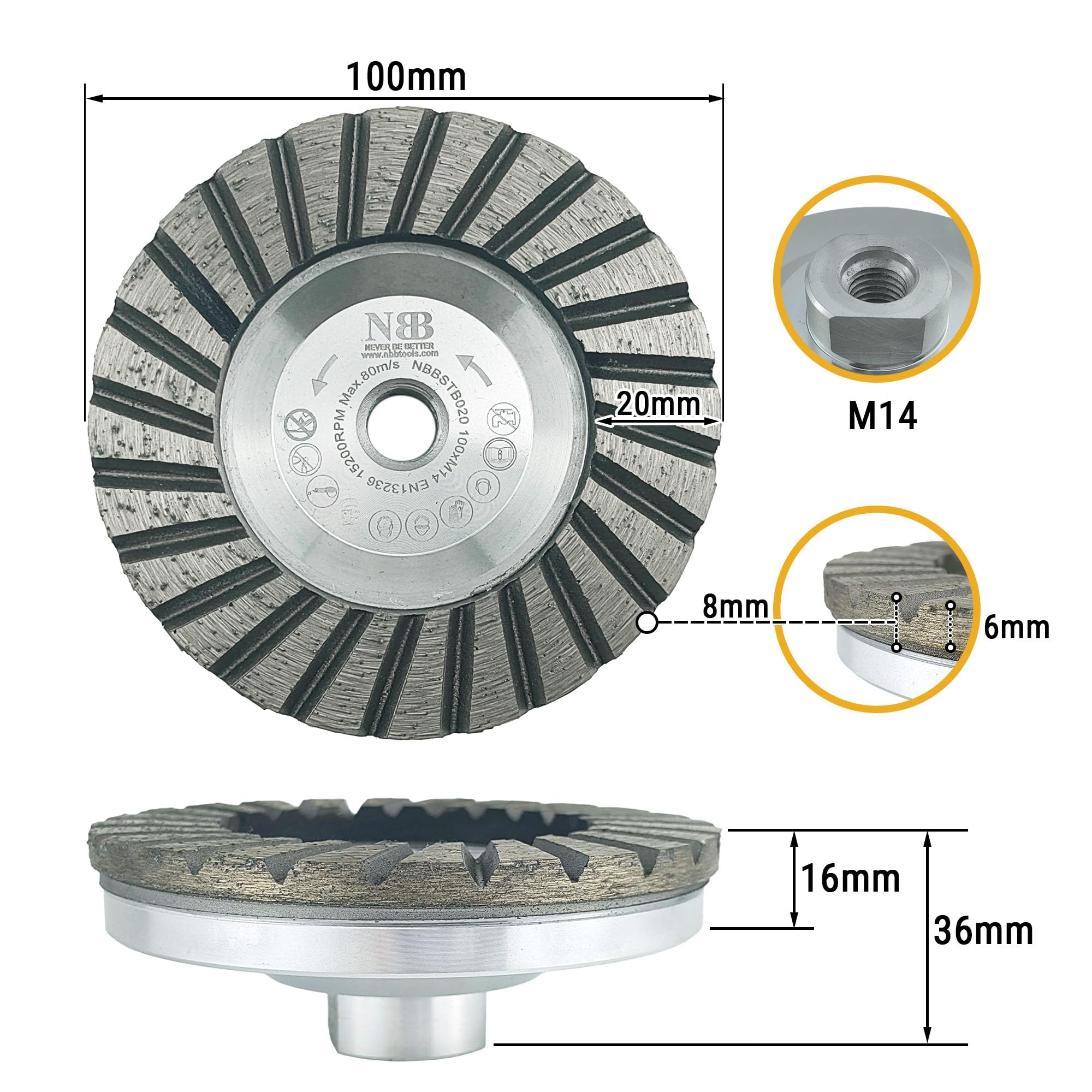NBB Diamant-Topfschleifscheibe Diamant-Cup-Schleifscheibe Hochfrequenz-Schweißschneider Turboschleifen Aluminiumbasis mit M14 auf Granit Marmor Keramik Fliesen Porzellan Stein Beton Zement (1,100mm)
