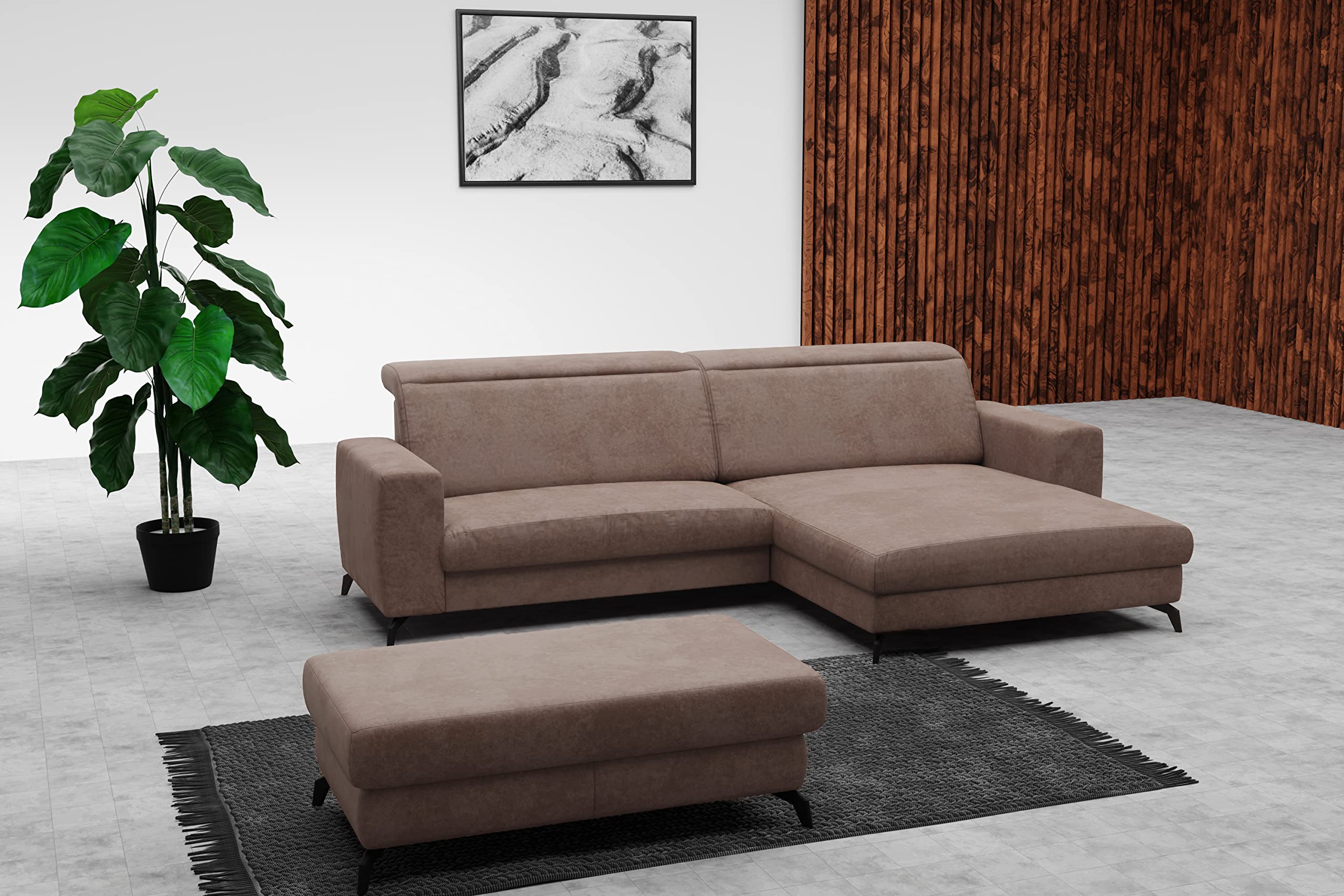 CAVADORE Ecksofa Bounce in Vintage-Leder-Optik / L-Form-Sofa mit Schlaffunktion, Bettkasten + Kopfteilverstellung / 290 x 88-108 x 178 / Mikrofaser, Graubraun