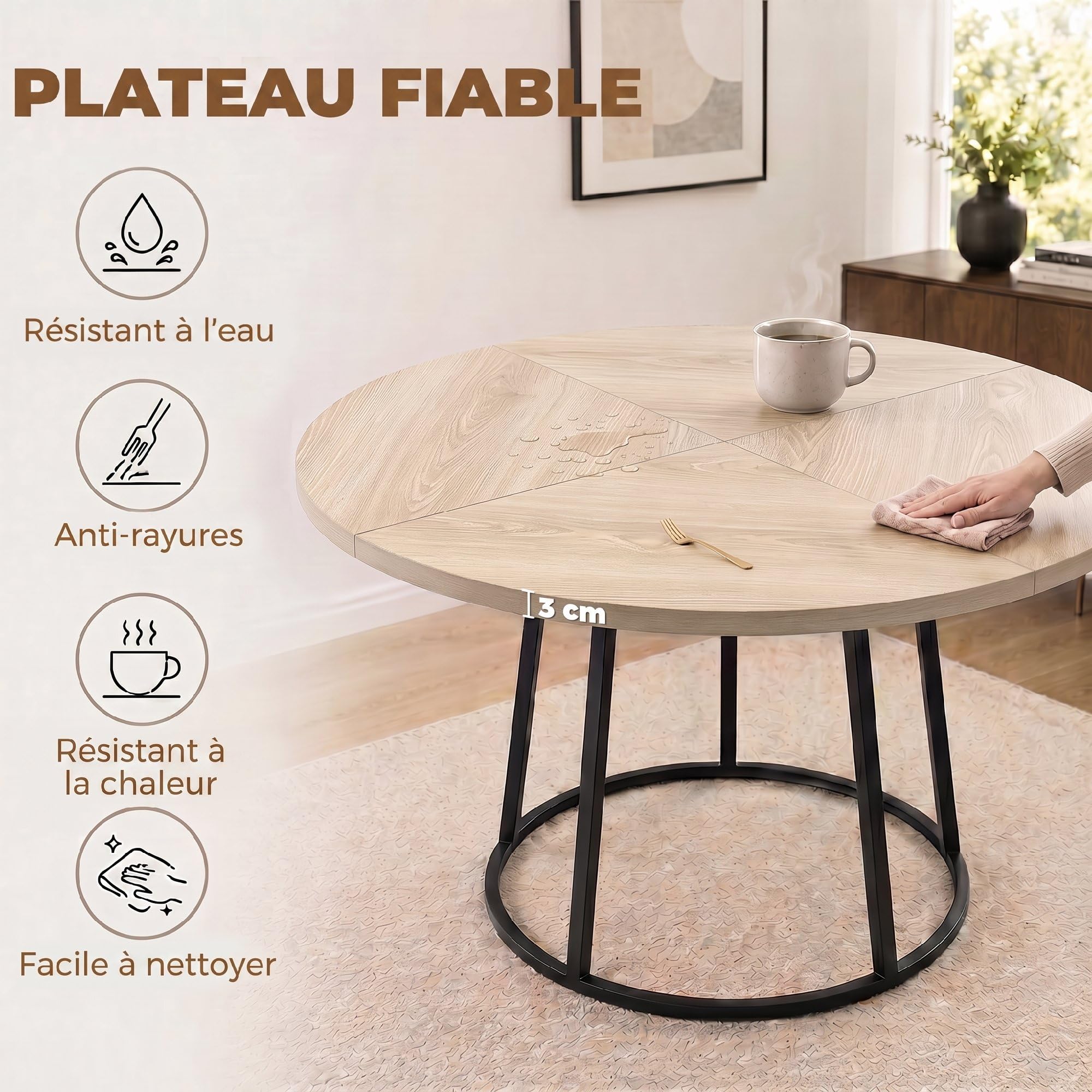 HOMCOM Mesa de Comedor Redonda para 4-6 Personas, 120 cm, Estilo Industrial Moderno, Tablero Empalmado y Base metálica cónica, Madera Natural