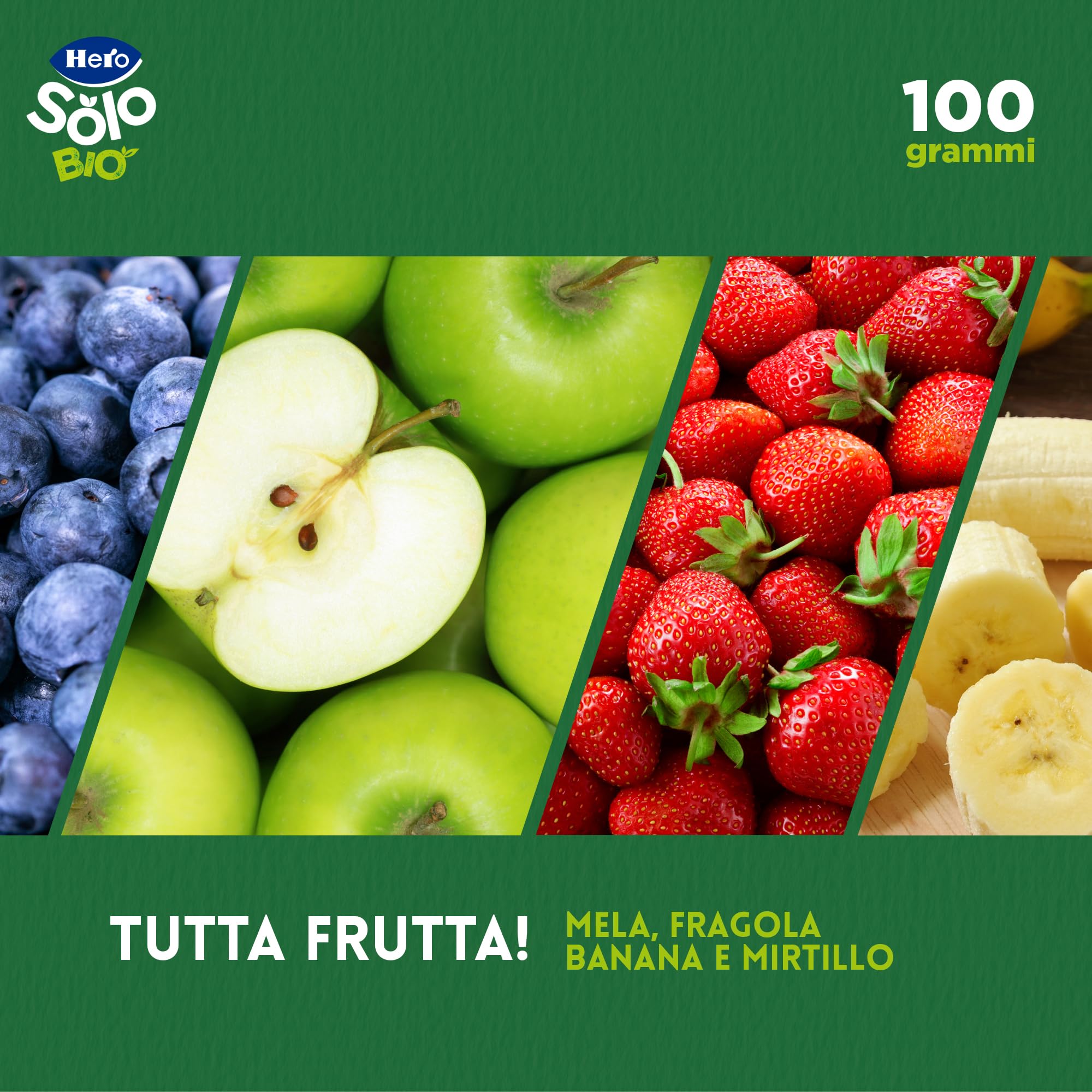 Hero Solo Pouch Frutta Frullata 100% Bio Mela, Banana, Fragola e Mirtillo, senza Zuccheri Aggiunti, Conservanti e Coloranti, senza Glutine, dai 4 Mesi in su - Pack da 18 Confezioni X 100 G