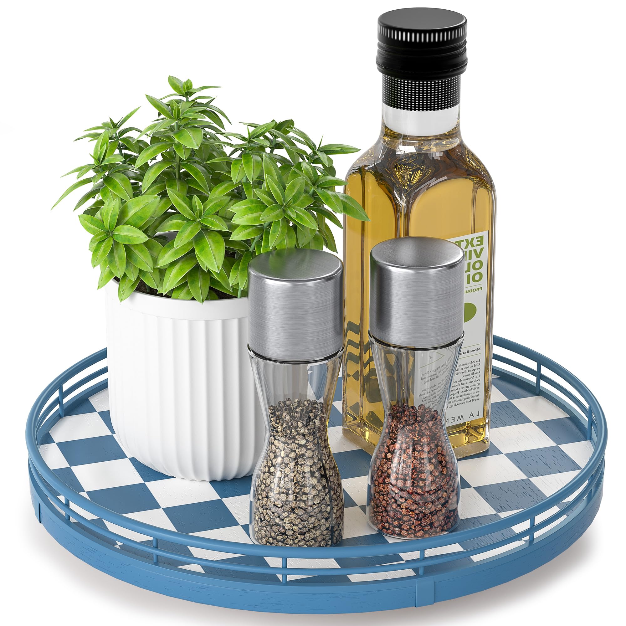 Blue and White Checkerboard Lazy Susan with Rubberwood Base and Metal Rail