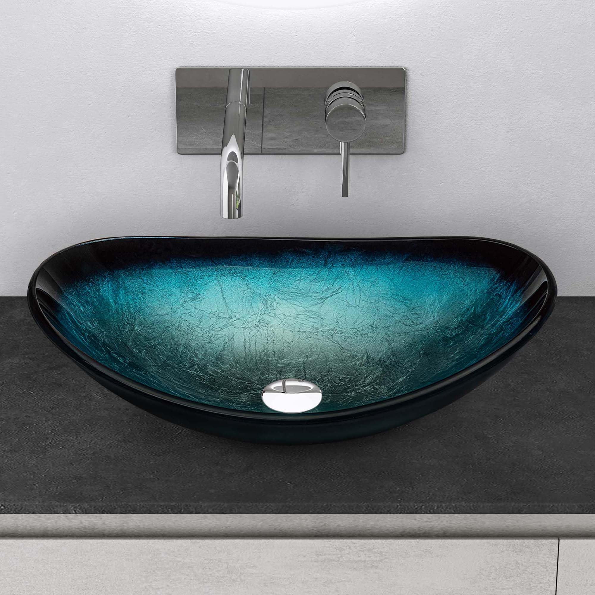 Mai & Mai Lavabo sobre Encimera Lavabo Baño | Ovalado | Vidrio | Azul | 53,5x35,5x16 cm | sin Orificio para Grifo sin Rebosadero | Minerva08