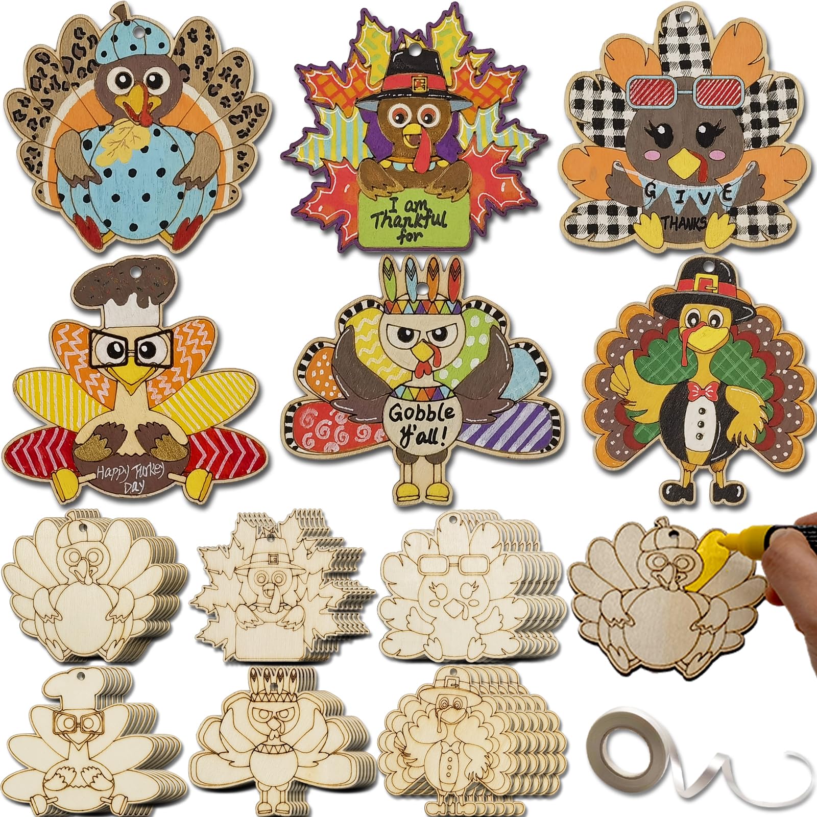 Amazon.com: 36 Sets Thanksgiving Turkey Craft Unfinished Wooden Turkey ...
