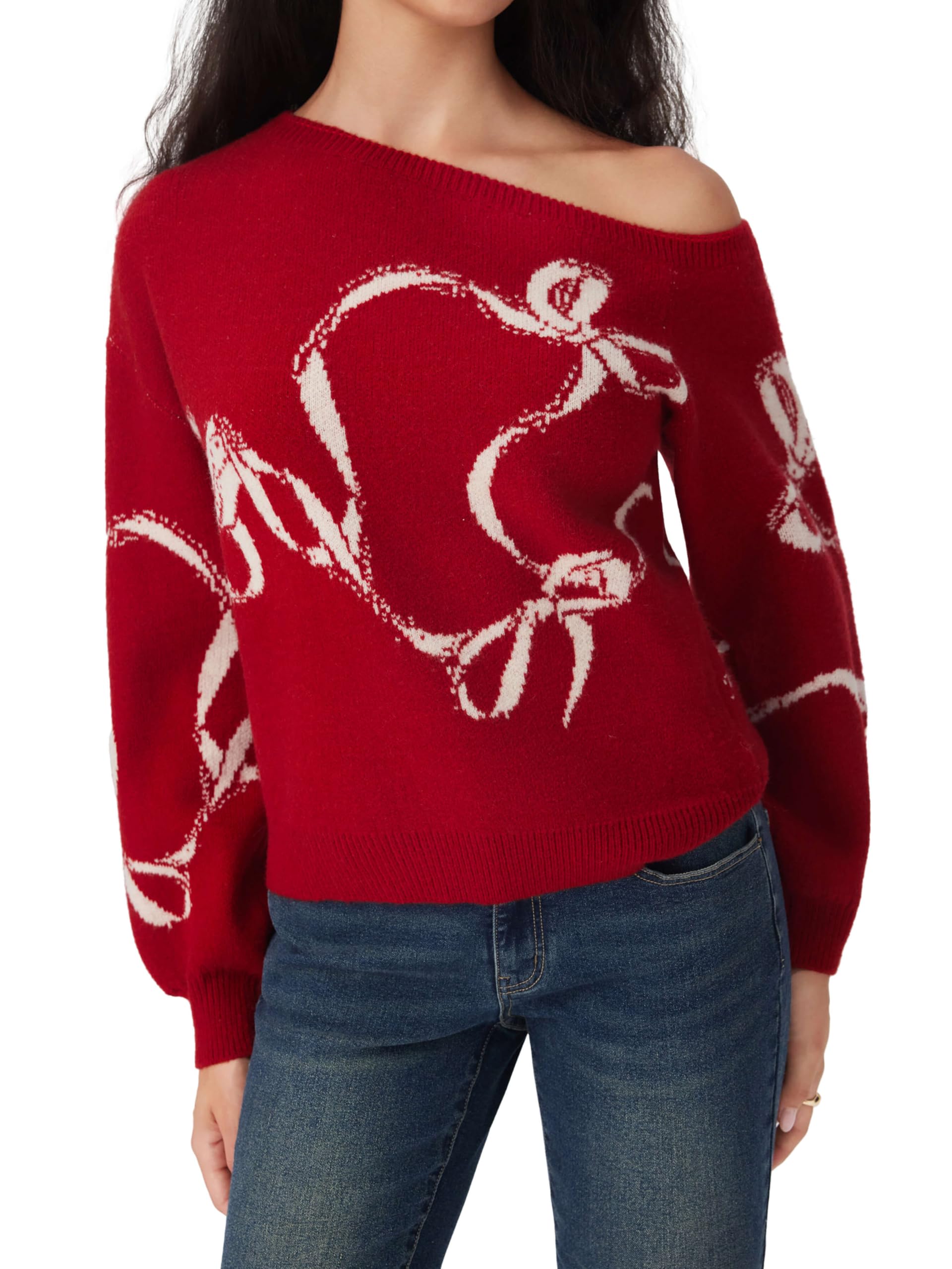 CIDER Off The Shoulder Sweaters for Women Bowknot Long Sleeve One Shoulder Fall Sweaters Knit Pullover Sweater Trendy