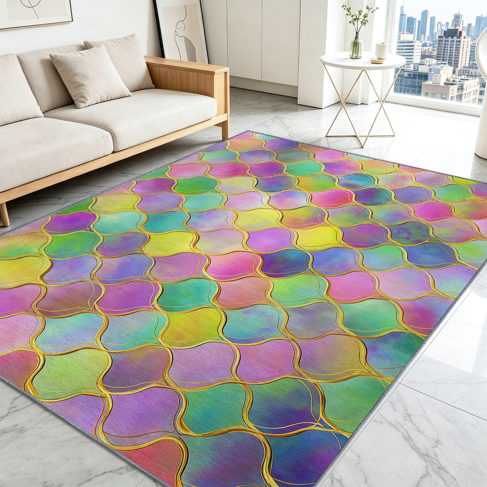 Fantasy Grid - Alfombra antideslizante para sala de estar, 80 x 150 cm, alfombra de suelo de sirena, escamas de semicírculo, lavable, alfombra de pelo bajo para salón, dormitorio, comedor