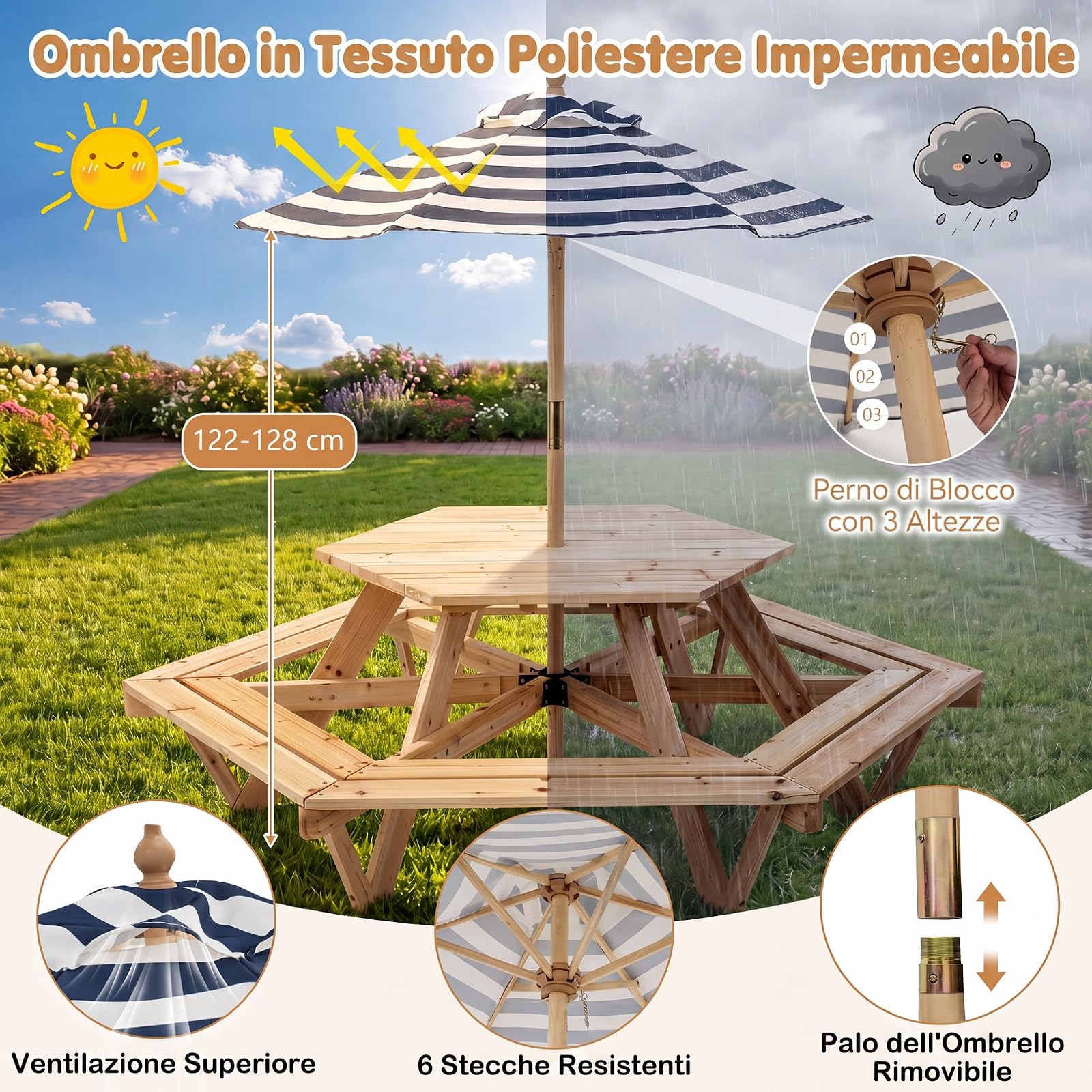 COSTWAY Tavolo Esagonale da Picnic per Bambini 3+ Anni con 6 Panche | Tavolino in Legno Massello con Ombrellone Rimovibile e Regolabile per Giardino, Balcone e Cameretta