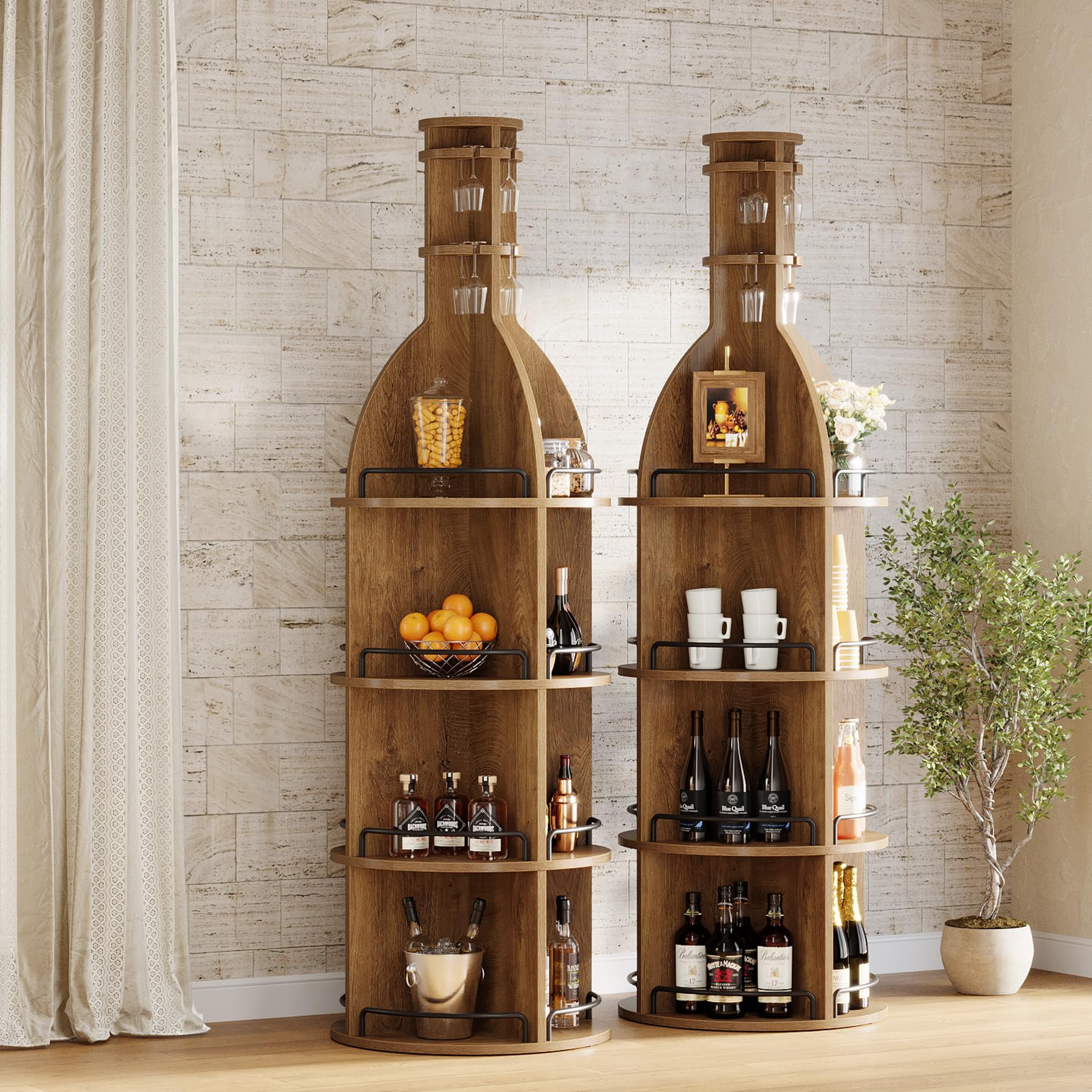 Tribesigns Étagère à Vin avec Tablettes de Rangement, 190 cm Casier à Vin Industriel Rond avec Porte-verres Suspendu, Présentoir à Bouteilles Autoportant pour Salon, Cave, Marron (Sans Éclairage, 1PC)