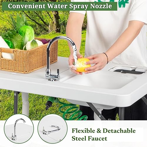 Miniatura 4 de VINGLI Mesa plegable de limpieza de peces con 2 fregaderos, mesa de campamento portátil para exteriores con rejilla y rociador, mesa de corte con