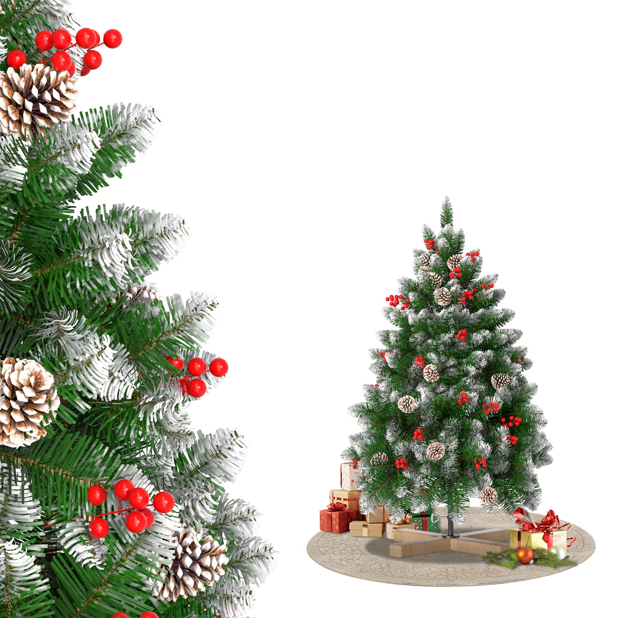 LILIIN Albero di Natale artificiale da 150 cm, effetto neve con pigne e bacche rosse, in PVC, con supporto, Ø 95 cm, albero di Natale infiammabile, per decorazioni natalizie