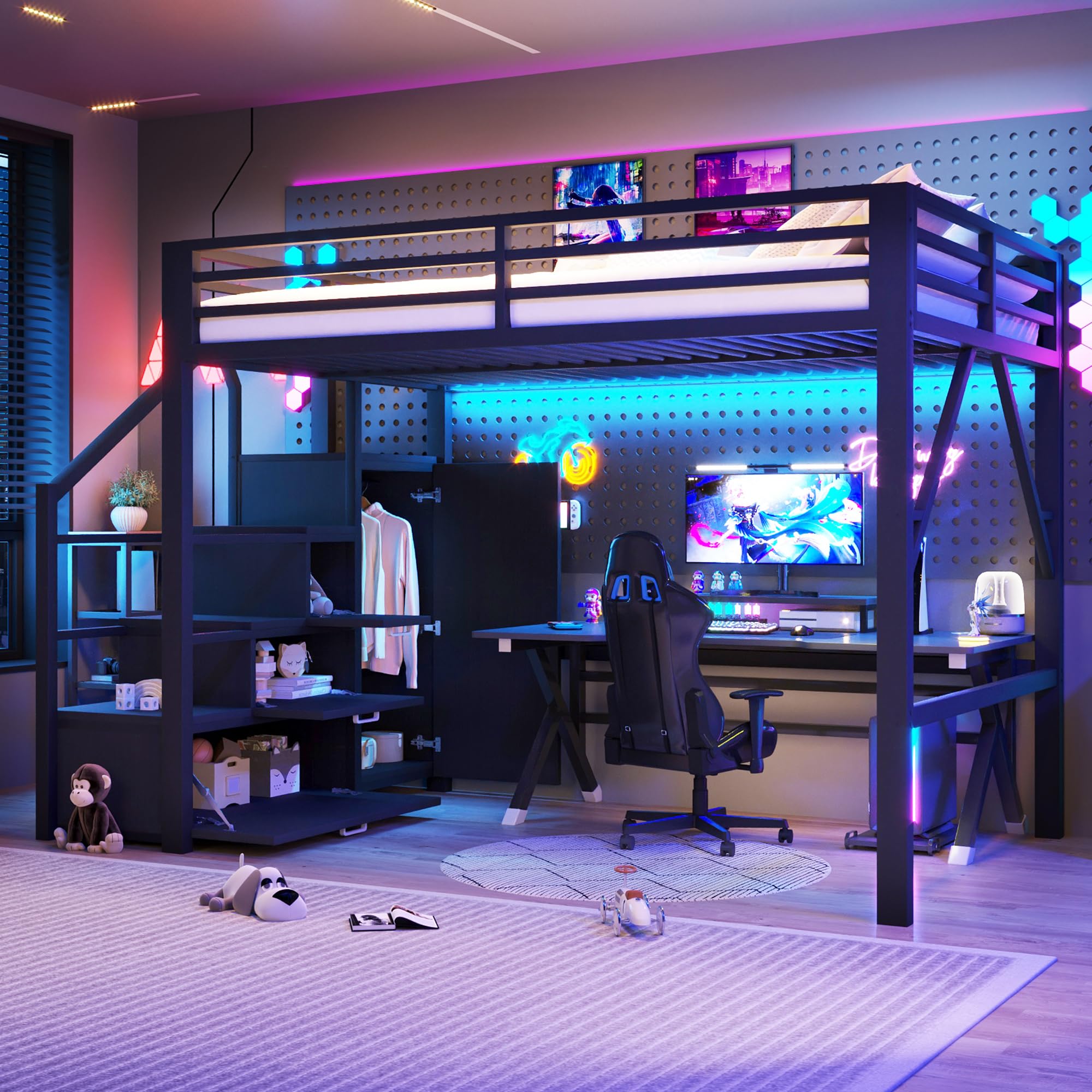 BTM Metall Gaming Hochbett 140x200 mit Kleiderschrank & LED Beleuchtung Hochbett Jugendliche mit Stauraum Treppe, Schwarz