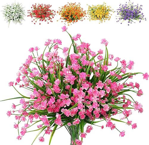 BINDUO 24 piezas de narcisos de flores artificiales de plástico para exteriores resistentes a los rayos UV plantas falsas rosas granja porche jardín