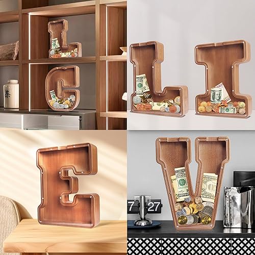 Miniatura 6 de UBeesize Alcancía de madera extra grande de 12 pulgadas, alcancía de letras para niños y niñas, banco de monedas para niños, Navidad, cumpleaños,