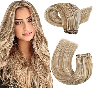 Moresoo Sew in Hair Extensions Real Human Hair Blonde Highlights Remy Human Hair Weft Extensions Medium Brown with Blonde Sew in Weft Hair Extensions Human Hair 18 Inch 100g - Buy now