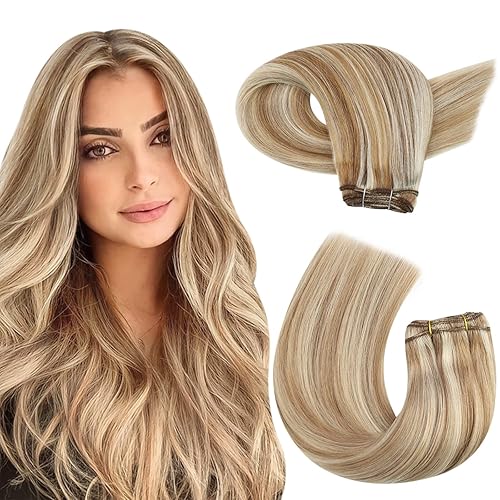 Moresoo Extensiones de cabello humano real, color rubio con reflejos, extensiones de cabello humano Remy con reflejos de color castaño medio con Moresoo Extensiones de cabello humano real, color rubio con reflejos, extensiones de cabello humano Remy con reflejos de color castaño medio con