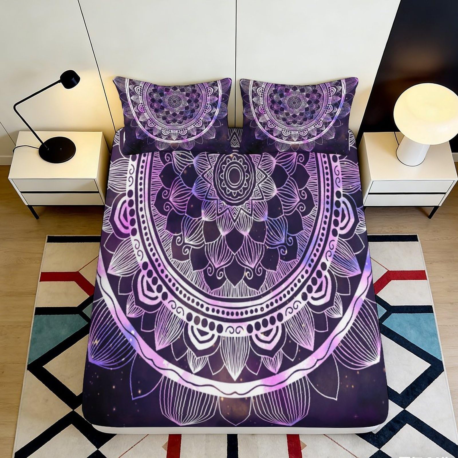3D Printed Mandala Purple Fitted Sheet Microfiber Soft Non-slip Boho Geometric Mattress Cover for Bedroom Dorm Room Decor 180x200x25cm