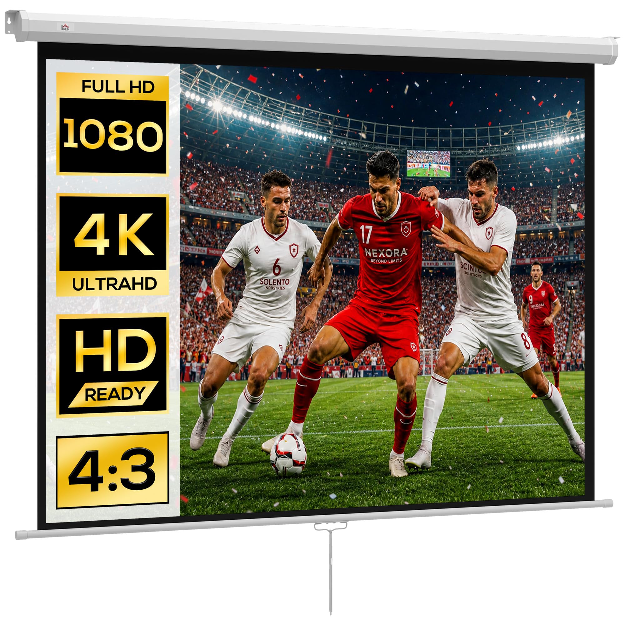 HOMCOM Manual Projector Screen 84 Inches Portable Projection Screen Format 4:3 160° Viewing Angle for Indoor and Outdoor Sports Events Home Theater Patio 165x124cm White
