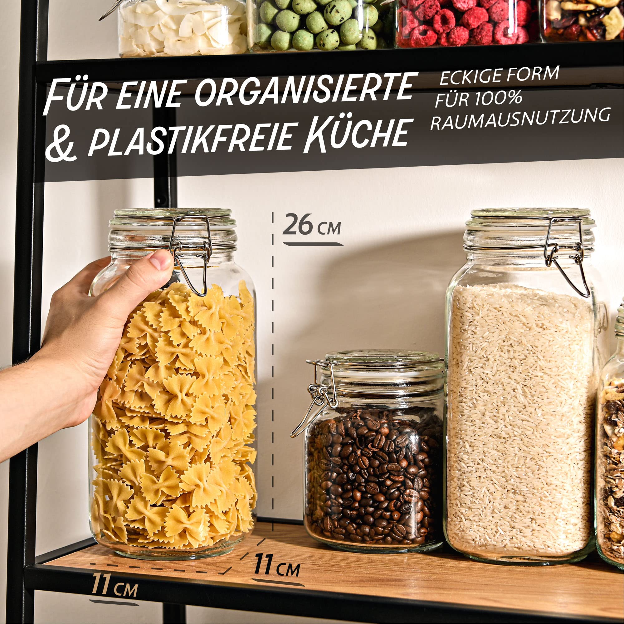 Praknu 6 Einmachgläser mit Bügelverschluss Groß 2l - Mit Etiketten, Stift und extra Silikondichtungen - Platzsparend durch eckige Form - Spülmaschinenfest