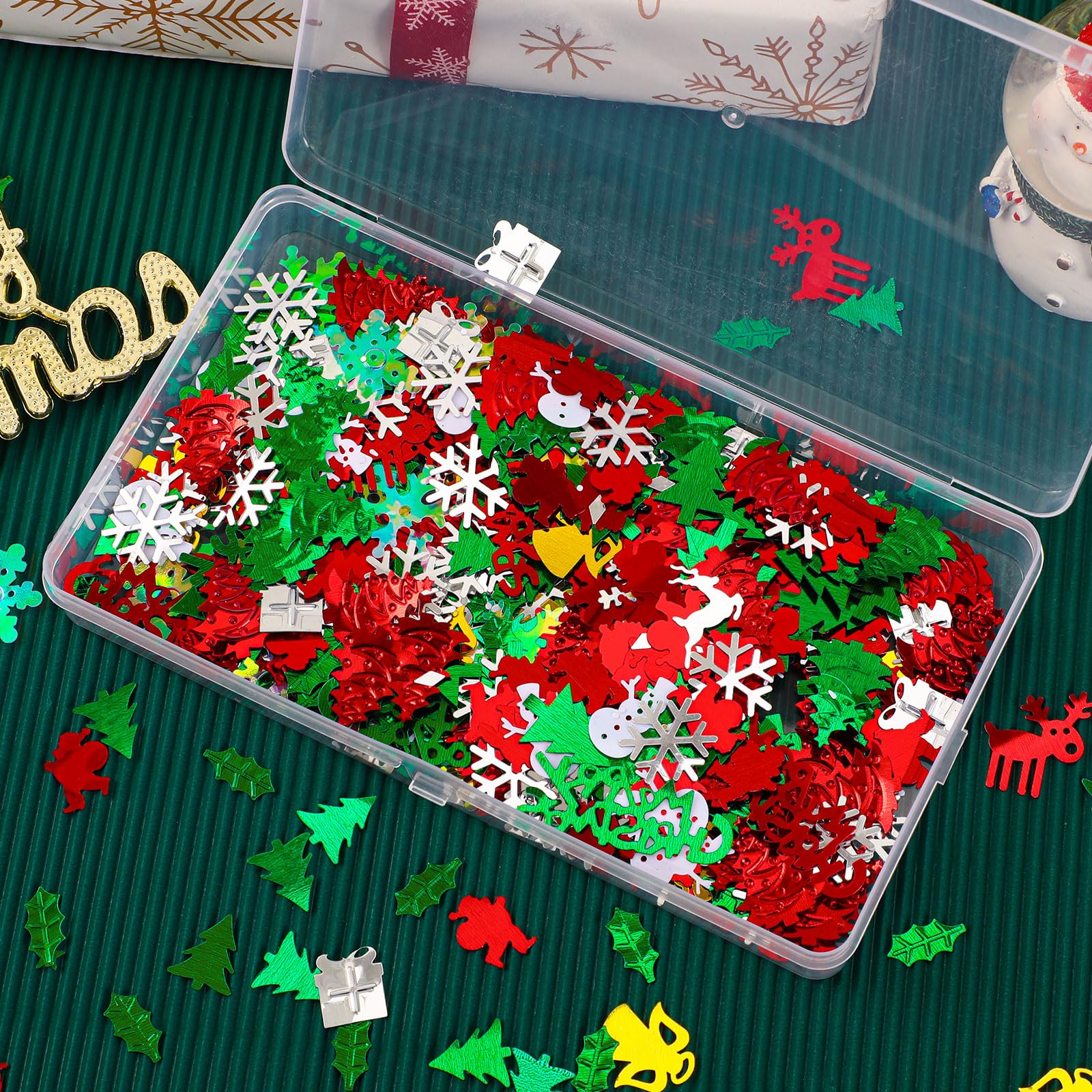 MARFOREVER Confeti de Navidad con purpurina, decoración de mesa para fiesta, confeti rojo, verde y blanco, decoraciones de fiesta, confeti de mesa, espolvoreos, Papá Noel, árbol de Navidad, alce para