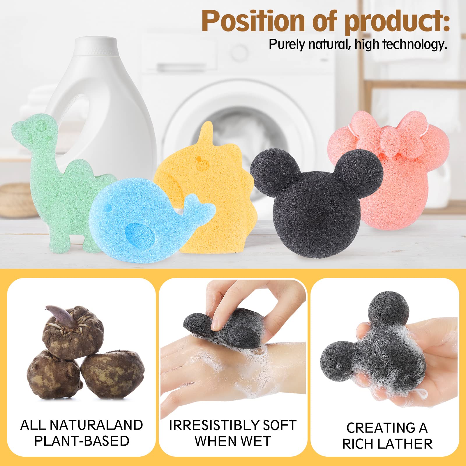 Konjac Baby-Badeschwamm zum Baden, klassische Formen, natürliche Badeschwämme für Säuglinge, Kleinkinder, Neugeborene, natürliche und sichere pflanzliche Konjac-Baby-Badezubehör, 5 Stück (Set 1