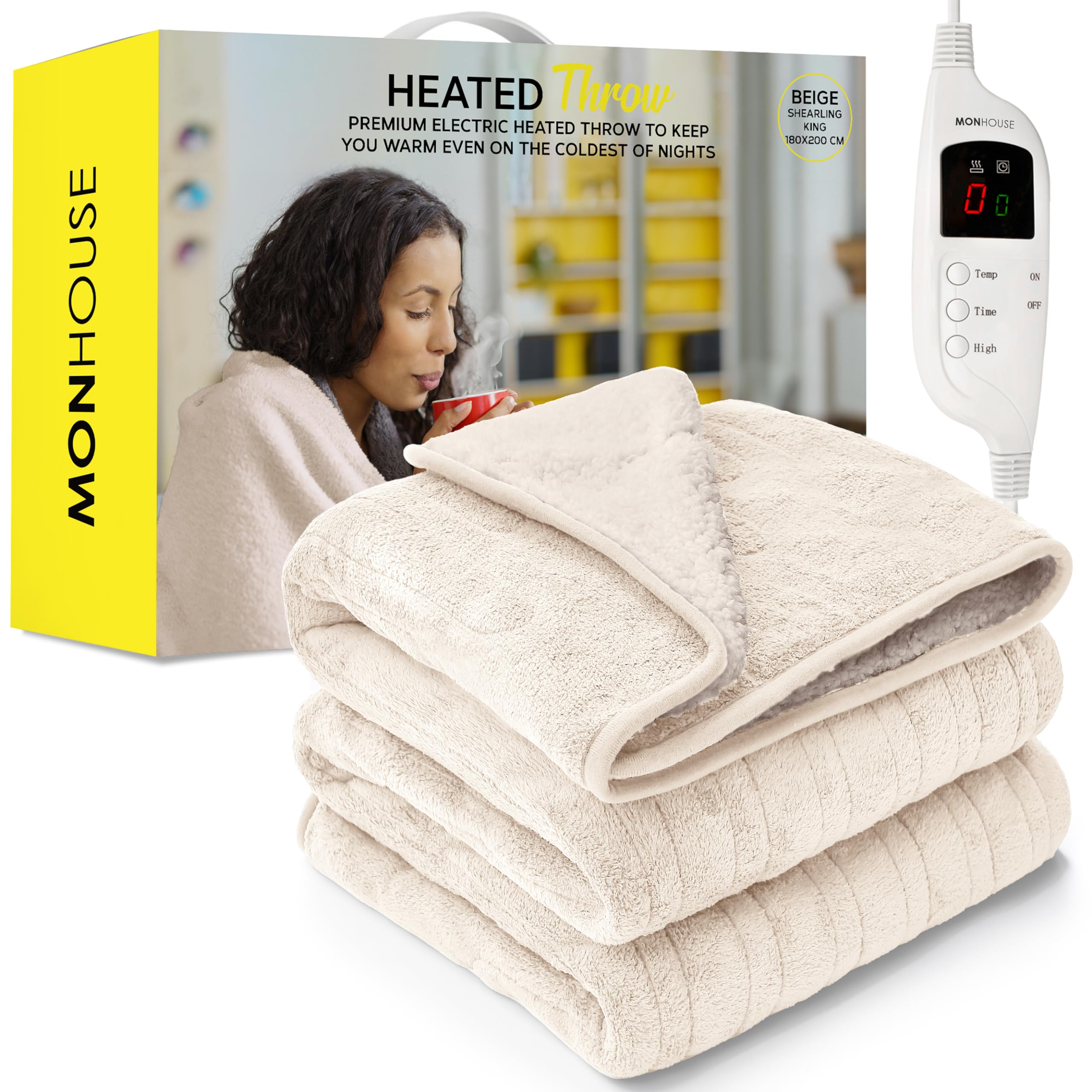 MONHOUSE 180X200 cm Soft Electric Blanket King Size - Fleece Heated Throw With Digital Controller - Machine Washable Bed Throw, Timer up to 9 hours, 9 Heat Settings, Auto Shutoff-BEIGE Sherpa
