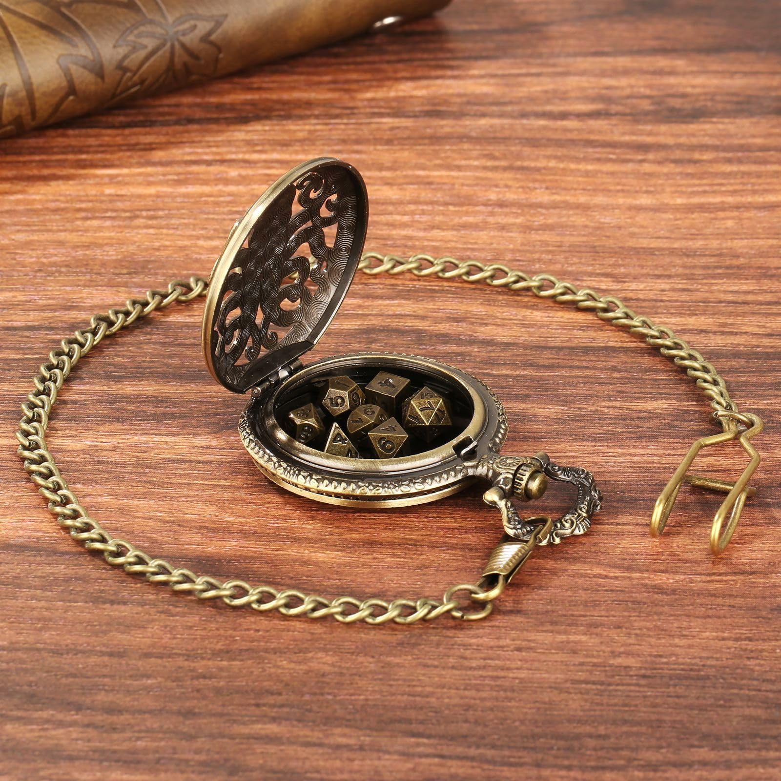 Mini Dados DND con Caja de Reloj de Bolsillo Steampunk Hueco Pulpo - 7 Piezas Poliédrico Metal D&D Juego de Mesa - Bronce