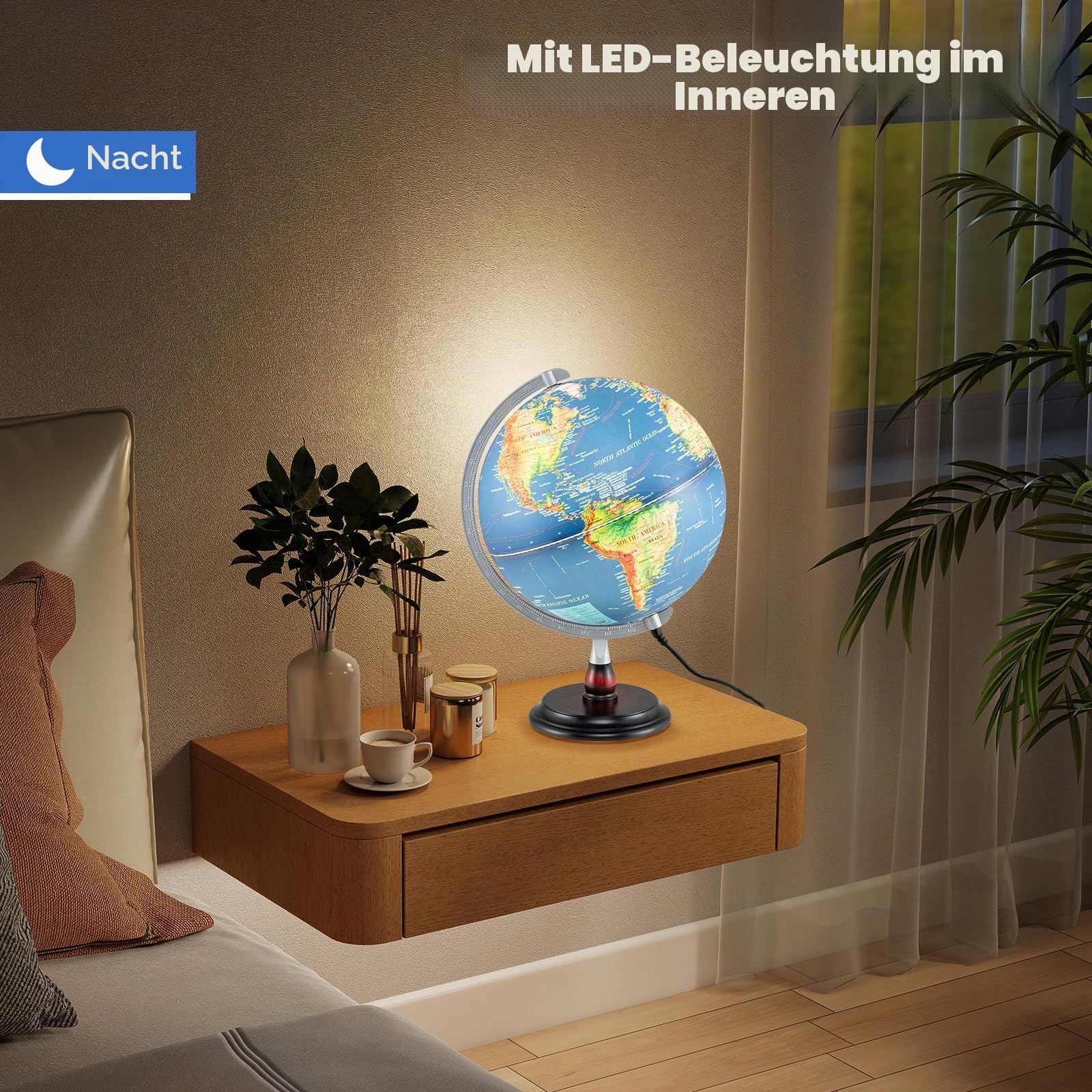 LIFEZEAL 30 cm Leuchtglobus, Beleuchteter Globus mit stabilem Standfuß, Antik-Globus mit geografischem Relief & Stundenspindeln, Geografischer Schülerglobus für Studium & Dekoration