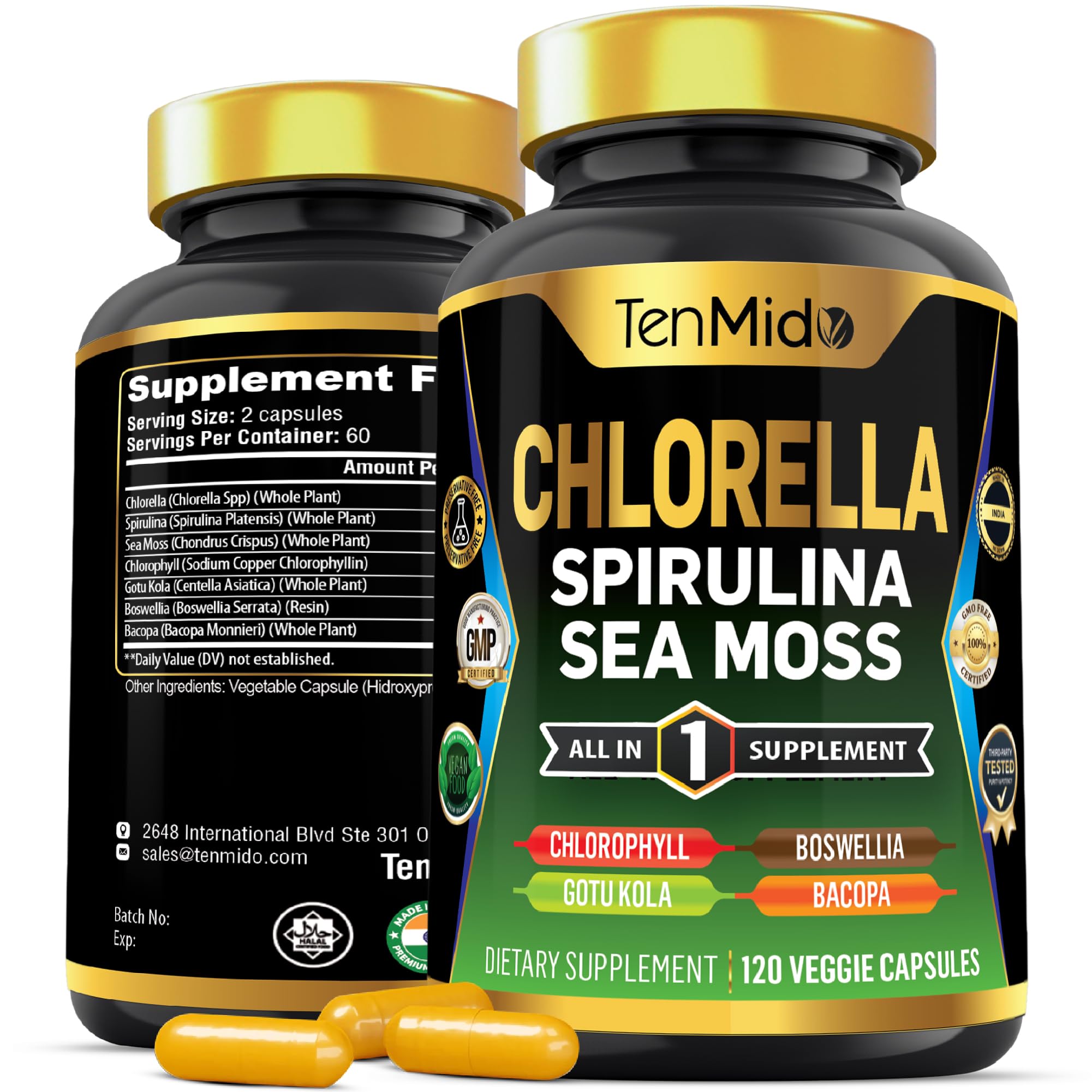 Chlorella Supplement for Men and Women - 7in1 Formula with Spirulina, Sea Moss, Chlorophyll, Gotu Kola, Boswellia & Bacopa - Immune Support - Rich in Nutrient, Vitamins - 120 Capsules