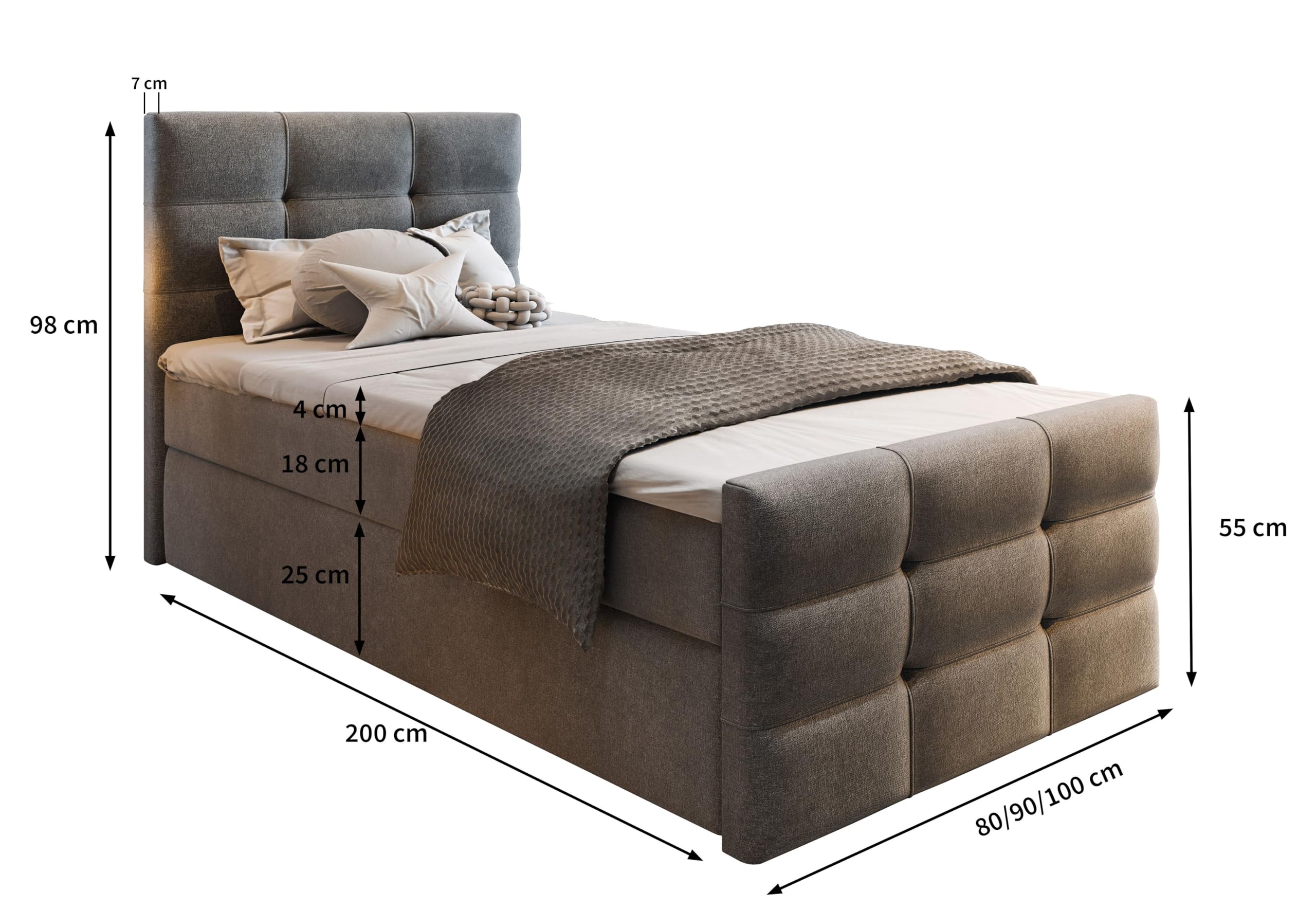 Masseno Boxspringbett Amon 100 100x200 cm Komplett-Set mit Matratze und Topper, Polsterbett mit Zwei Bettkästen -Grau, Cosmic 160