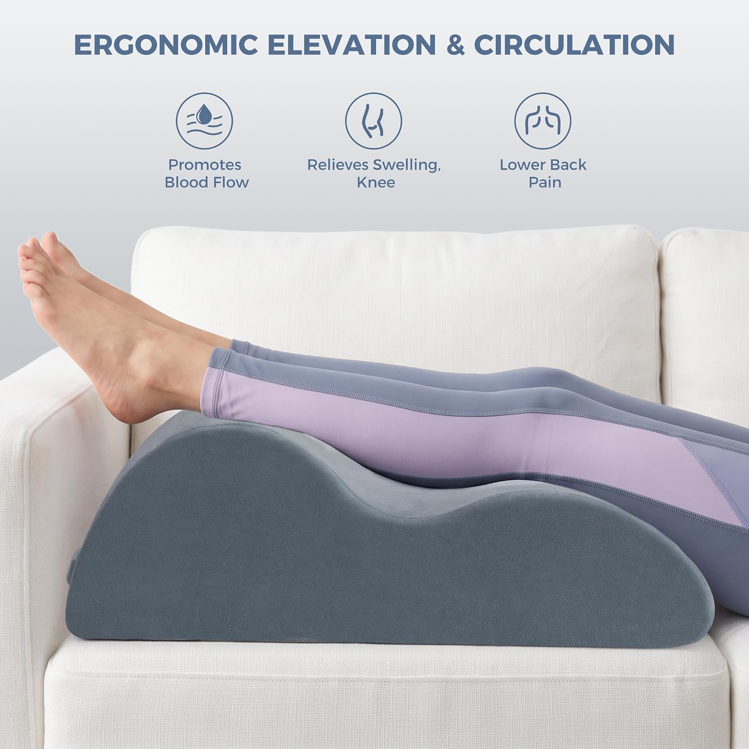 Leg Elevation Pillow for Sleeping, Ergonomic Double Leg Wedge Pillow with Contoured Knee and Ankle Support, Leg Rest Pillow for Bed, Post-Surgery Recovery and Relaxation, Gray