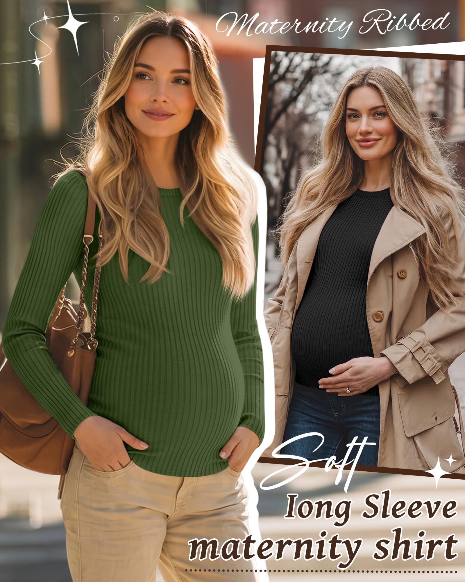 Riyiper Lot de 4 Chemises de Maternité pour Femmes, Manches Longues, Tricot Côtelé, Tuniques de Grossesse en Coton