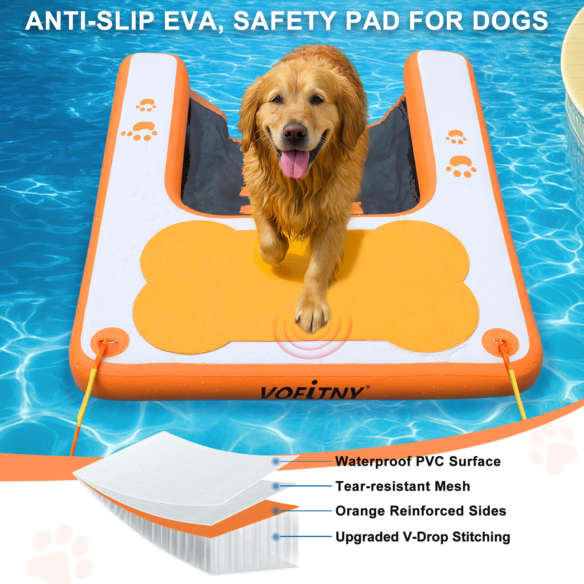 VOFiTNY Rampa da piscina per cani fino a 90,7 kg, 2025 nuove rampe per cani con cuscinetto antiscivolo in EVA e scala per pesi, gradini per cuccioli per piscina/barca/pontile/mare, dock arancione per