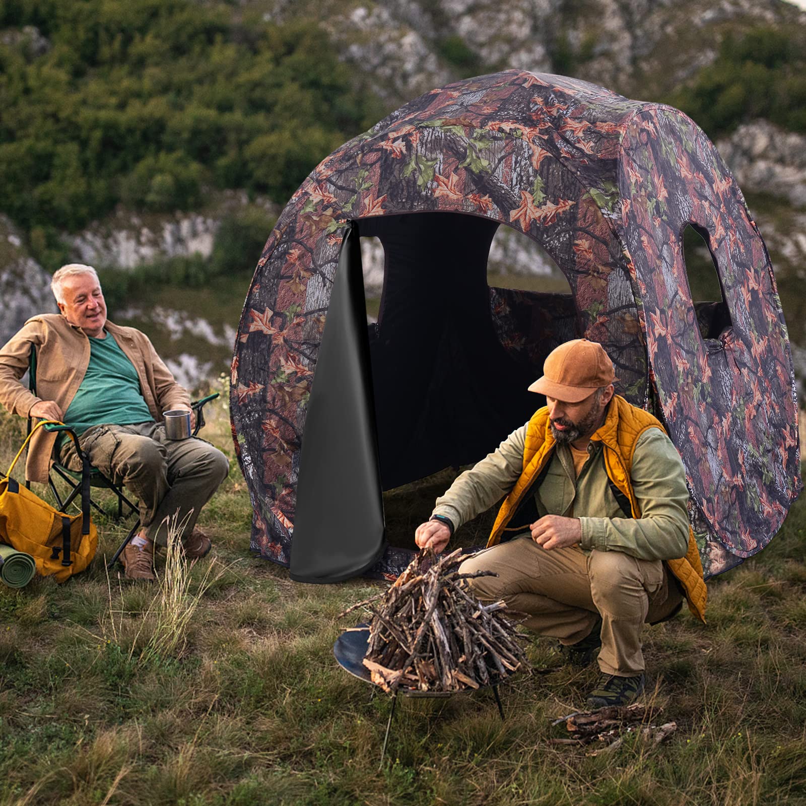 COSTWAY Tenda da Caccia Pieghevole per 3 Persone, Tenda Mimetica con Telaio in Acciaio e Finestre a Maglie, con Visione 270°