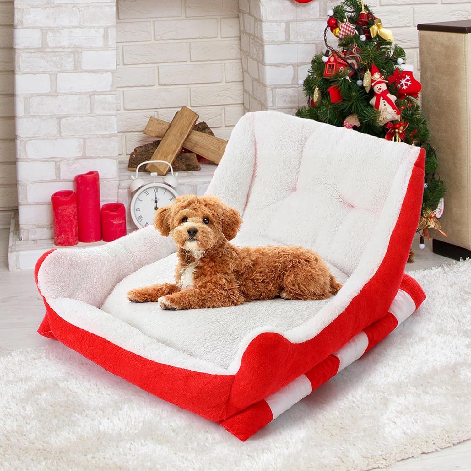 Christmas Dog Bed Pet Red Sleigh Cat Sofa with Plush Synthetic Fur, Washable Cozy Christmas Pet Bed for Small to Large Dogs Indoor Outdoor Use (Red White,24x15x11 Inch) Red White 24x15x11 Inch