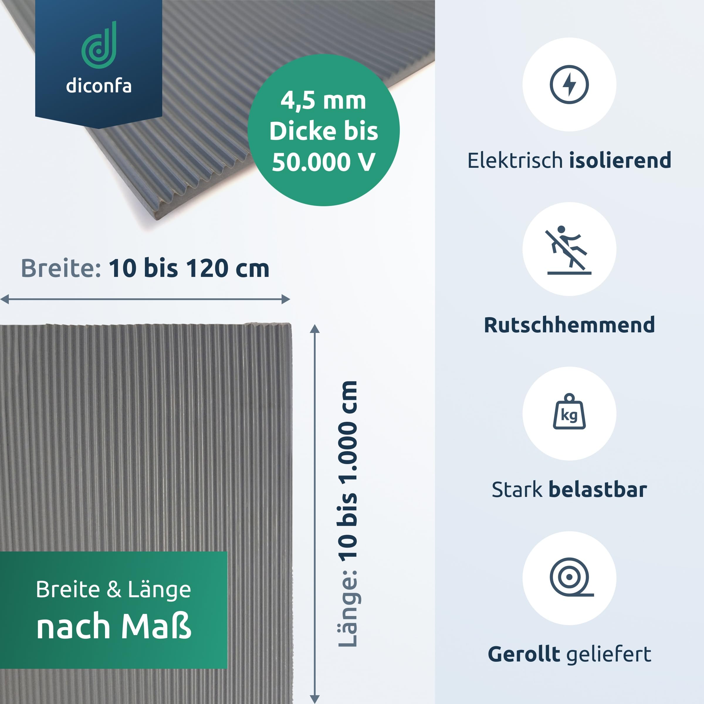diconfa PROFILINE Isoliermatte 4,5mm grau bis 50kV - BREITE 0,1m bis 1,2m - LÄNGE 0,05m bis 10m - Auswahl 1m x 1m - Elektro-Schutzmatte Bodenbelag elektrisch isolierend Feinriefenmatte