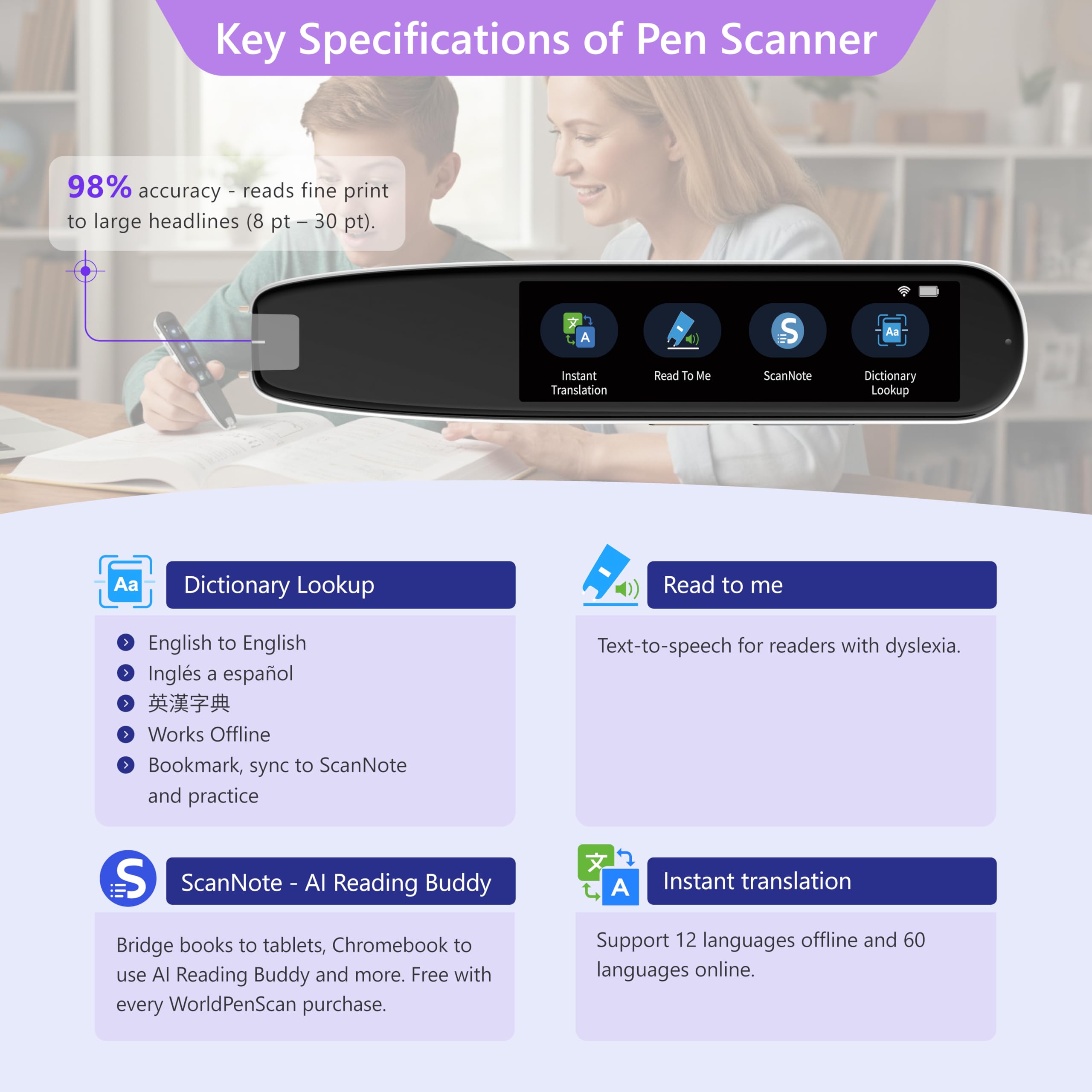 PenPower WorldPenScan AI-Lesegerät - Intelligenter Lesestift & Wörterbuch mit KI-gestützter Englisch-Lernplattform