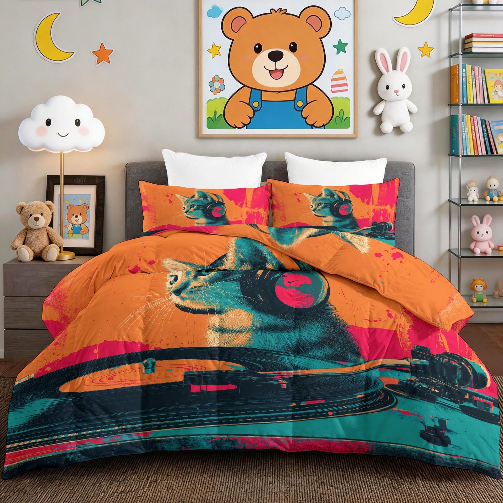 Generisch Edredón de 200 x 200 cm, diseño pop art reversible, suave y cómodo, con auriculares musicales, gato, sin funda, lavable, color naranja