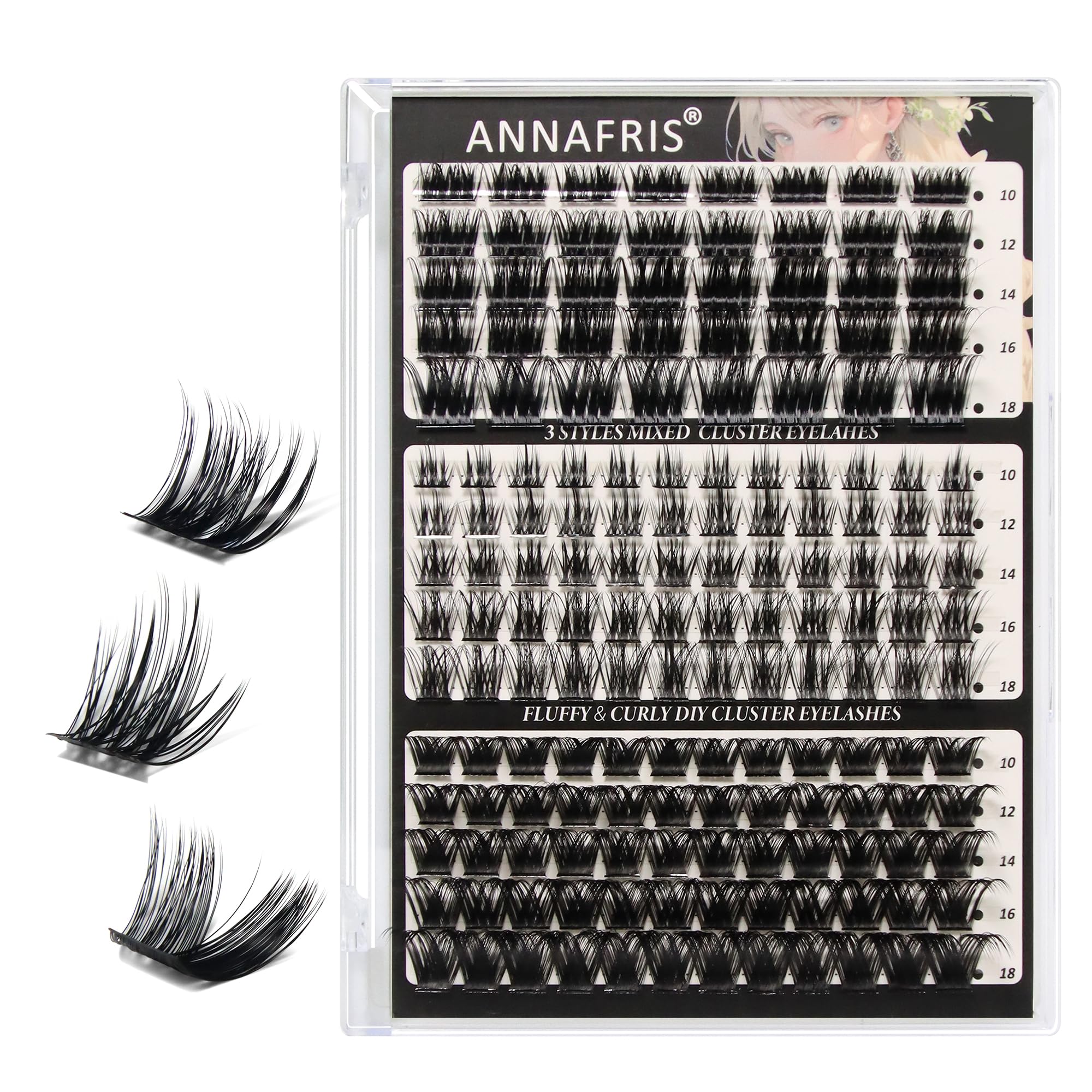 ANNAFRIS Cluster Lashes Individual Eyelashes 10-18mm False Lashes Individual Cluster DIY Lash(A), Black/White