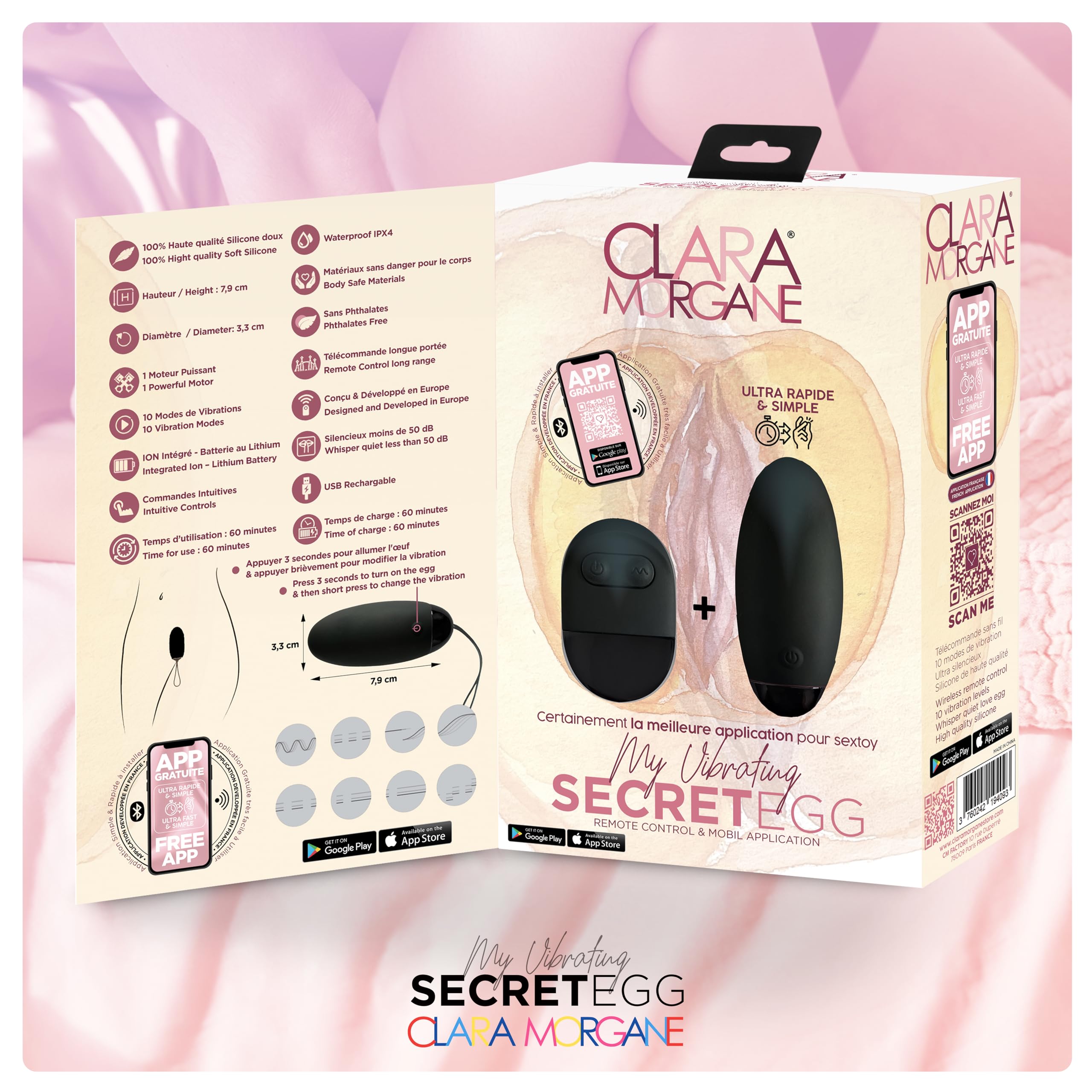 My Vibrating Secret Egg - Oeuf Vibrant Clara Morgane avec application à distance - Couleur noire