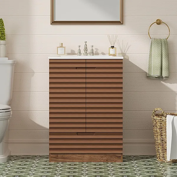 Sweetcrispy 24" Modern Bathroom Vanity with Ceramic Basin, Undermount Vanity Sink Cabinet with 2 Doors and 1 Drawer, Free Standing Bathroom Storage Cabinet with Sink Combo Set, Rustic