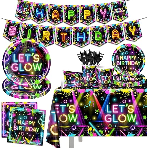 Neon Party Supplies,142Pcs Let Glow Party Decorations Including Disposable Paper Plates,Cups,Tablecloths, Glow in the Dark Theme Decoration for Birthday Baby Shower Party